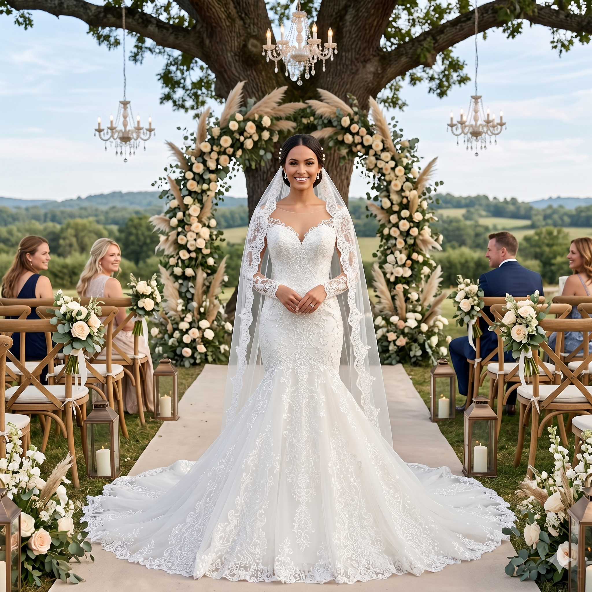A stunning bride standing at an outdoor wedding ceremony under a large tree, wearing a long sleeve full lace mermaid wedding dress with an elegant fit and flattering silhouette.