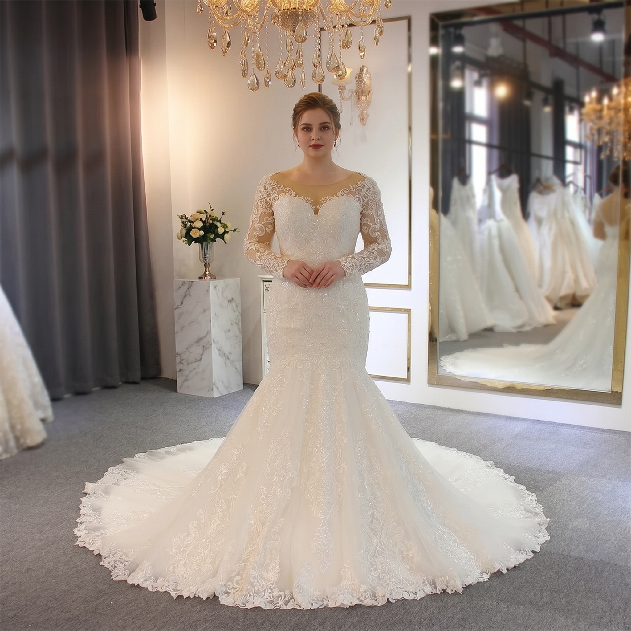A boutique display of a long sleeve full lace mermaid wedding dress featuring an elegant fit and flattering silhouette, perfect for a sophisticated bridal look.