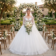 Smiling bride outdoors at a garden ceremony wearing a long sleeve glitter wedding dress featuring an illusion neckline, sequined beading, and a full sparkling skirt.