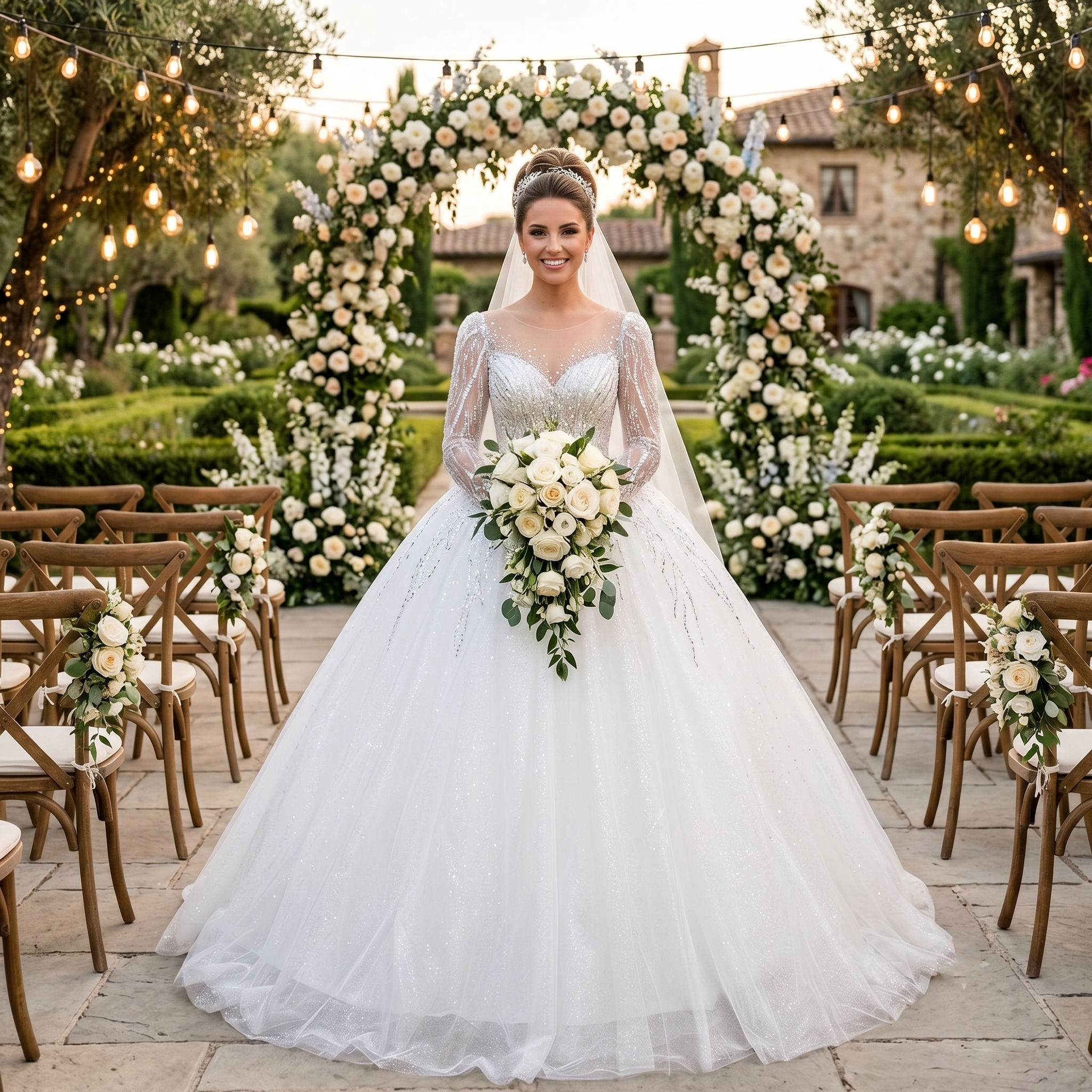 Smiling bride outdoors at a garden ceremony wearing a long sleeve glitter wedding dress featuring an illusion neckline, sequined beading, and a full sparkling skirt.