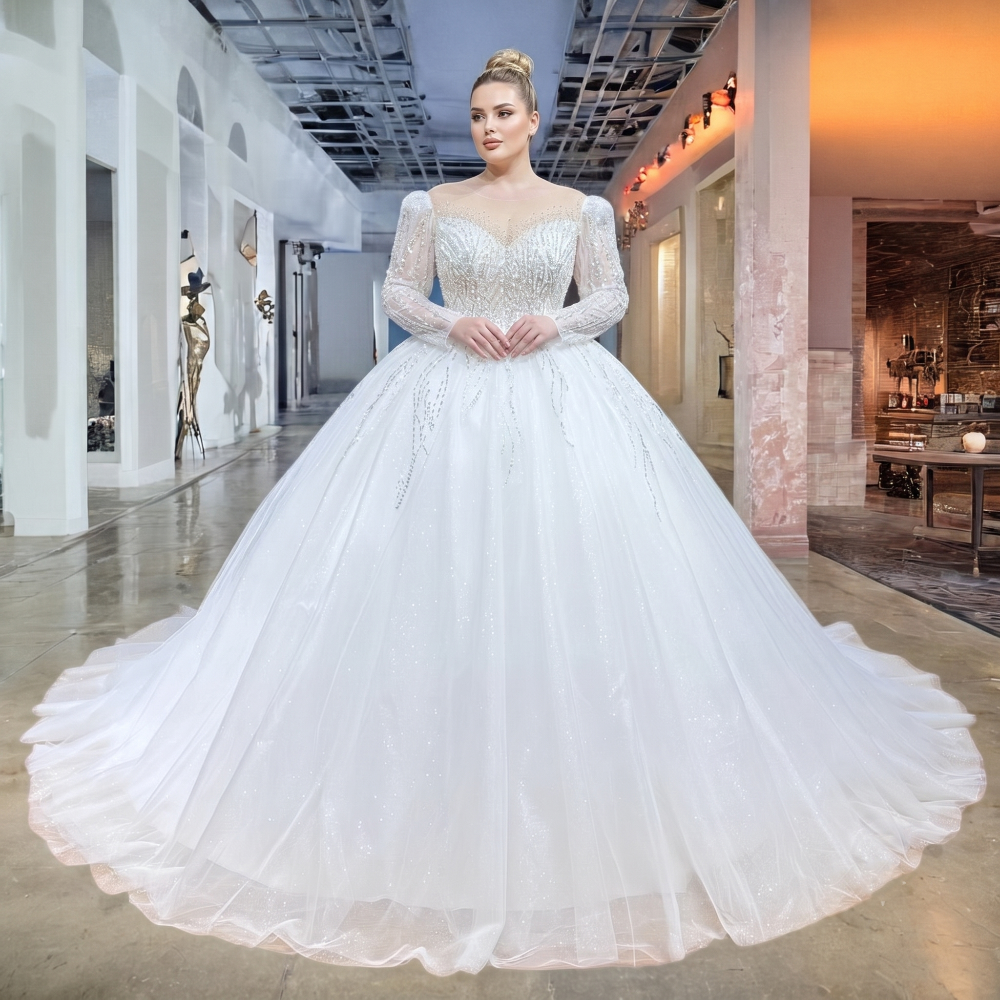 Plus-size bridal model in a modern indoor setting showcasing a luxury long sleeve glitter wedding dress with heavy linear sequined beading and a voluminous ballgown silhouette.