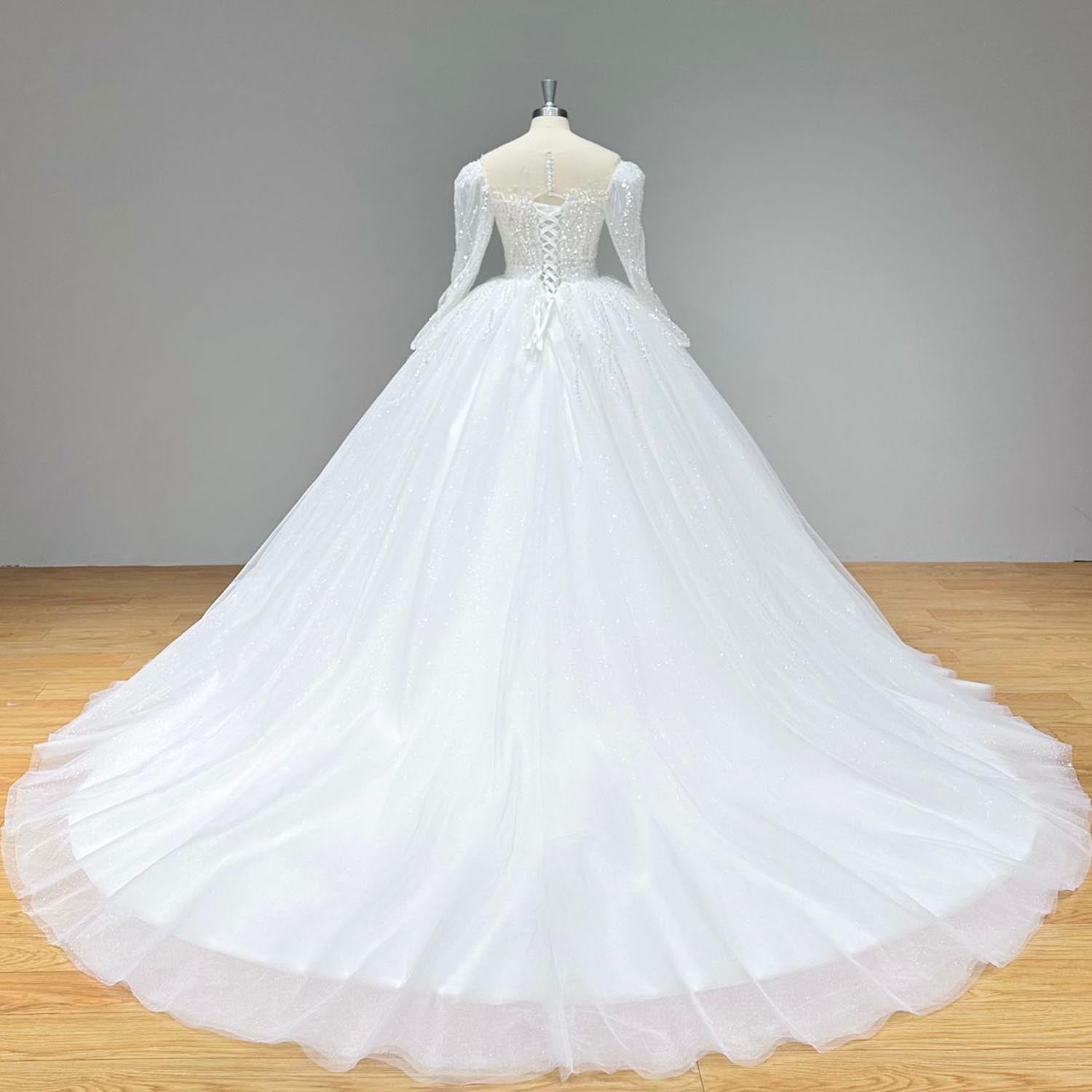 Full back view of a sweeping long sleeve glitter wedding dress on a mannequin, displaying the traditional lace up back, sheer sleeves, and a wide sparkling tulle train.
