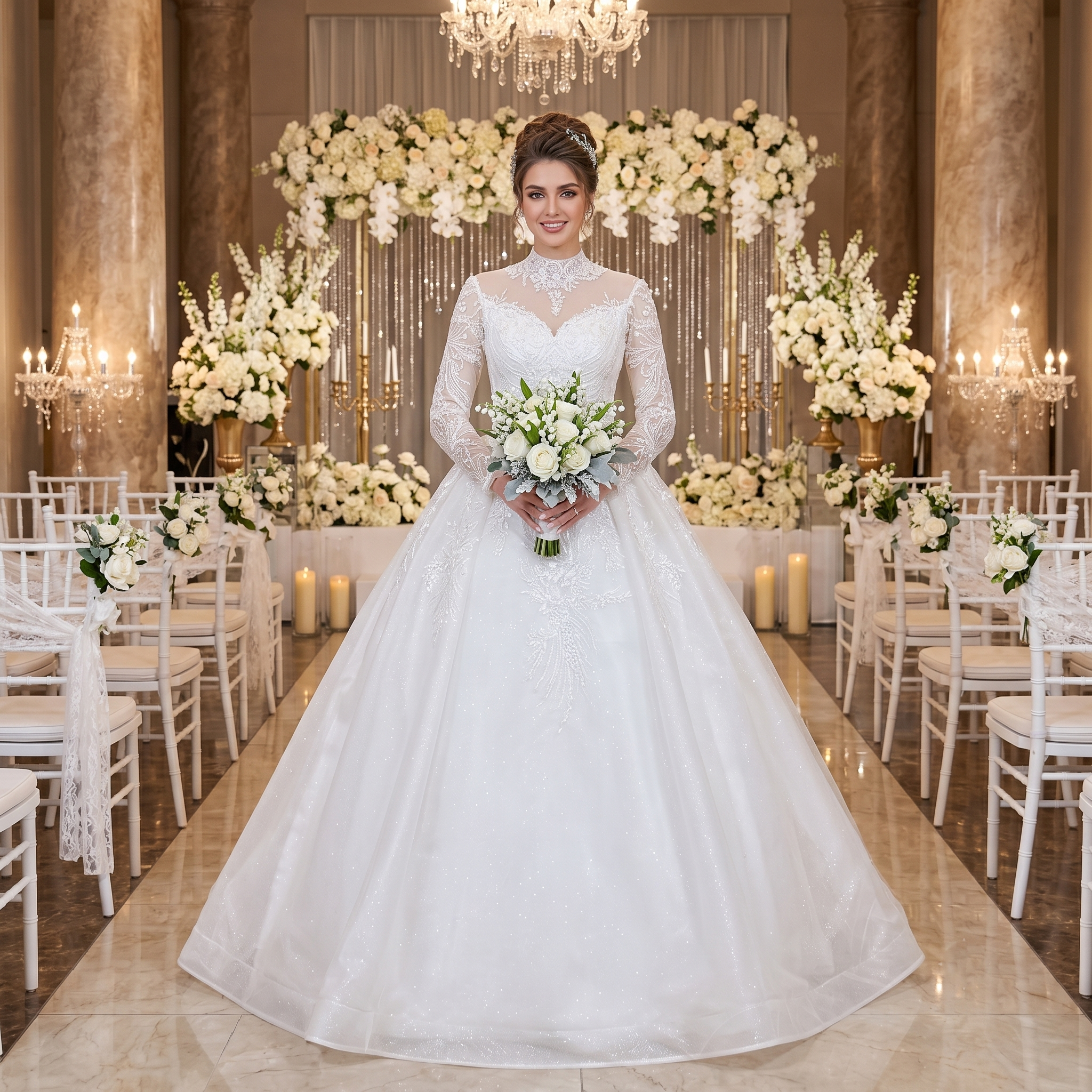 Smiling bride holding a floral bouquet in a grand venue, wearing a luxury bridal gown featuring a long sleeve high neck design and a shimmering sequined ballgown skirt.