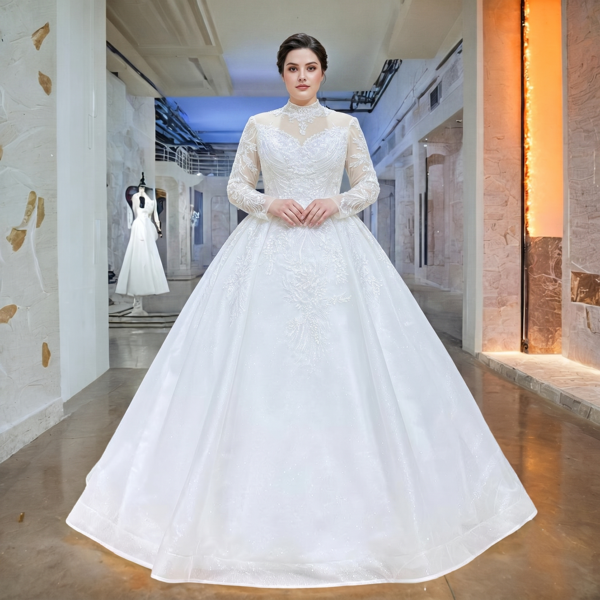 Plus-size model in a modern gallery setting wearing an elegant long sleeve high neck sequined beaded wedding dress with an intricate lace bodice and voluminous glittering skirt.