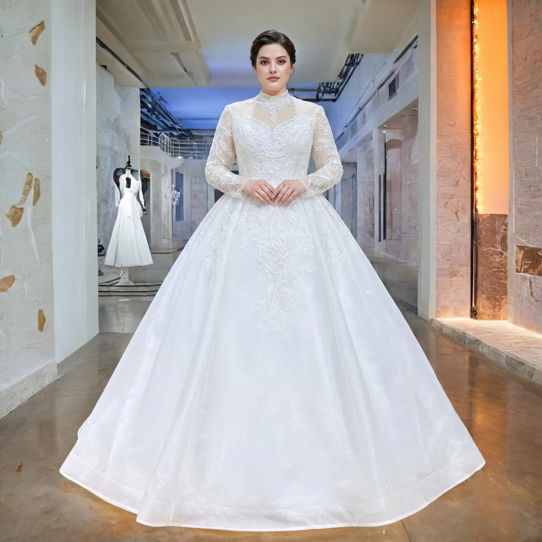 Plus-size model in a modern gallery setting wearing an elegant long sleeve high neck sequined beaded wedding dress with an intricate lace bodice and voluminous glittering skirt.