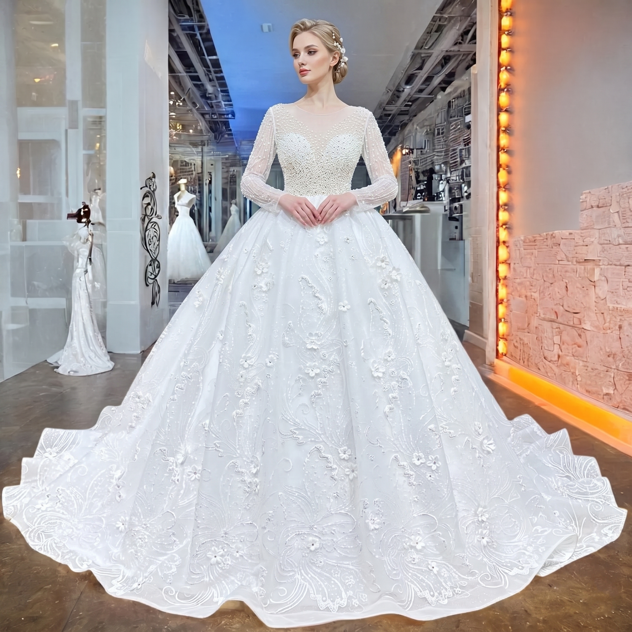 Elegant model posing in a white long sleeve beaded ball gown wedding dress featuring a pearl-encrusted bodice and a voluminous skirt adorned with 3D floral appliqués in a luxury bridal boutique.