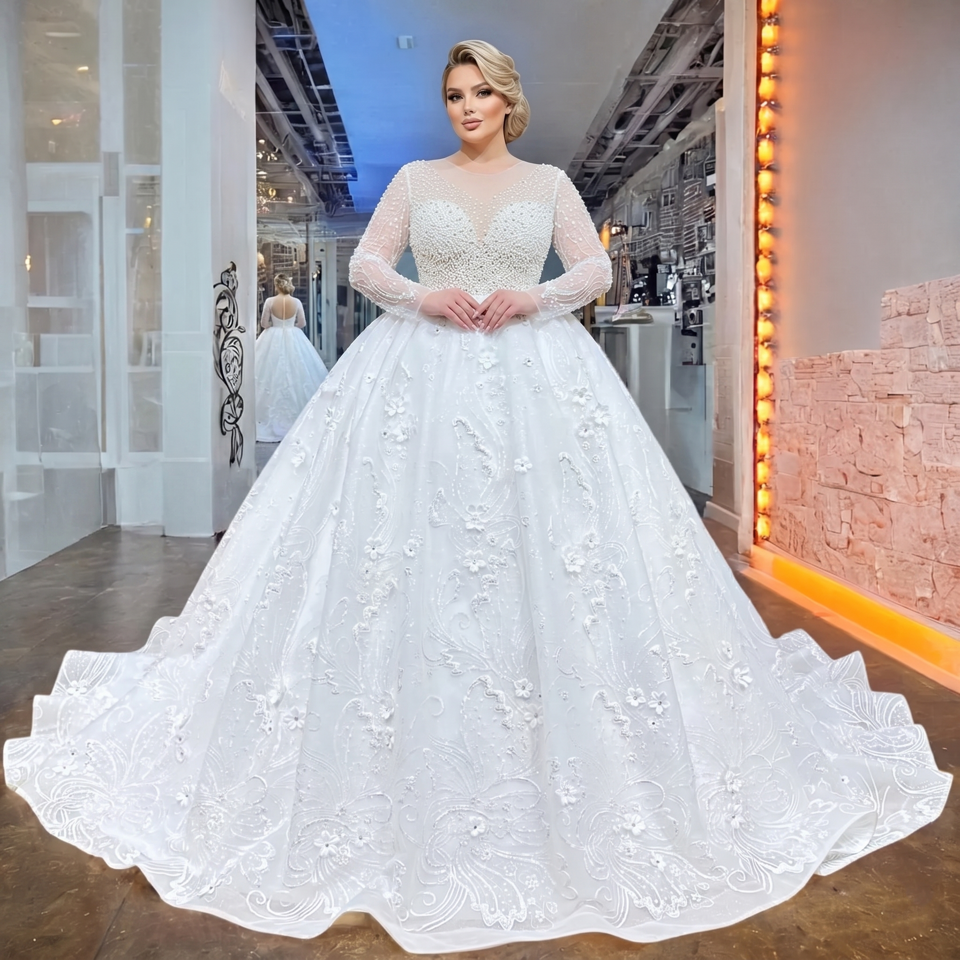 Full-length front view of a plus-size model wearing a white beaded ball gown with long sleeves, highlighting the intricate pearl detailing on the illusion neckline and the expansive 3D flower skirt.