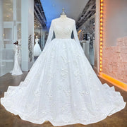 Long Sleeve Lace-Up Beaded Ball Gown with Pearls and 3D Flowers
