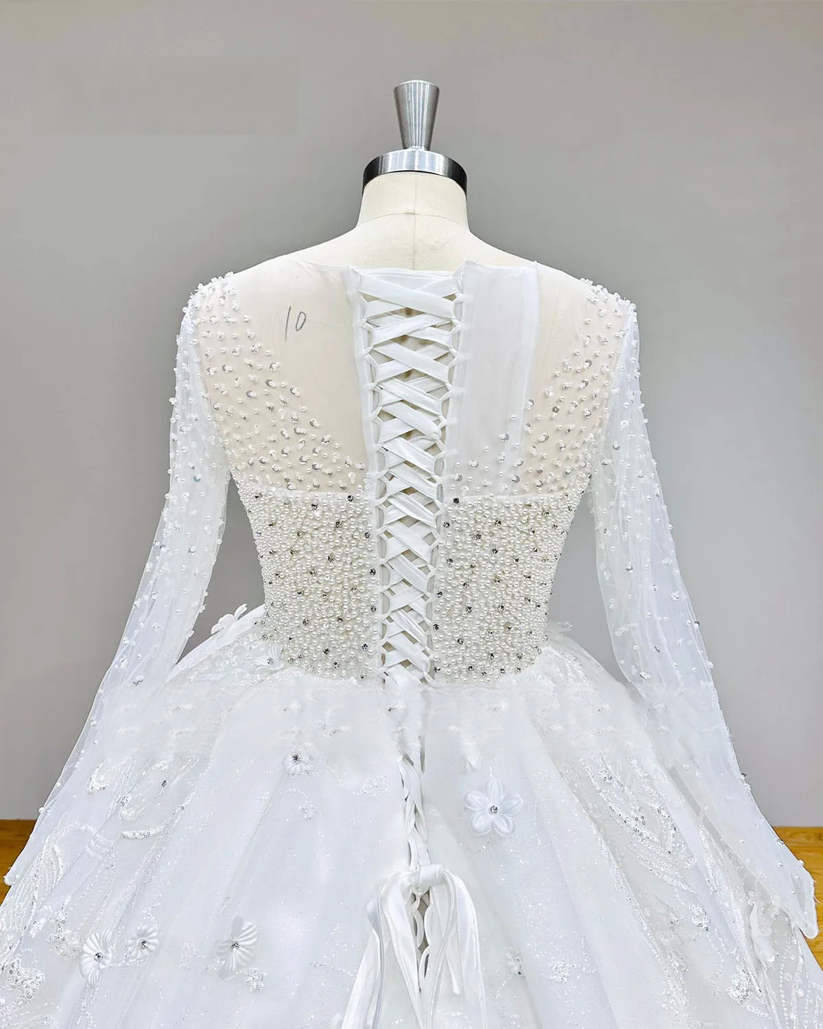 Long Sleeve Lace-Up Beaded Ball Gown with Pearls and 3D Flowers