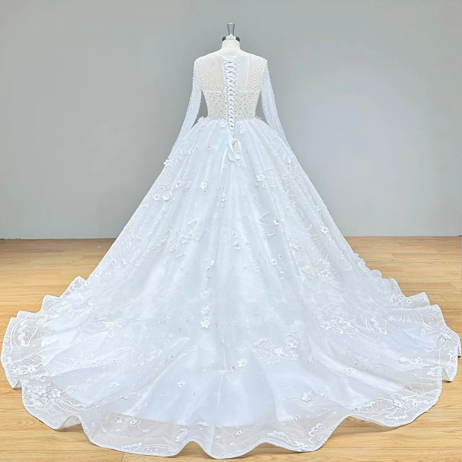 Long Sleeve Lace-Up Beaded Ball Gown with Pearls and 3D Flowers
