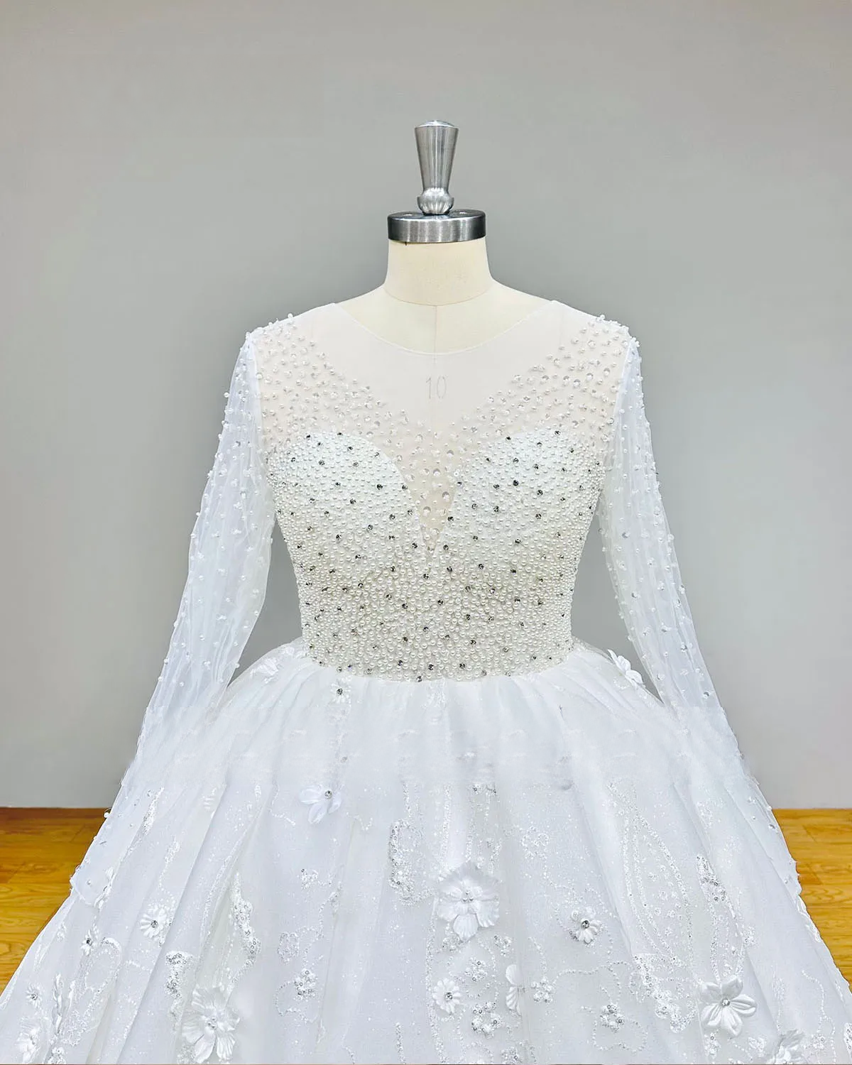 Long Sleeve Lace-Up Beaded Ball Gown with Pearls and 3D Flowers