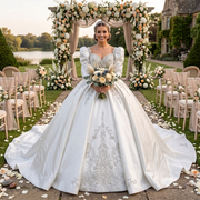 Bride wearing a luxury structured satin long sleeve princess ball gown wedding dress with prominent puff shoulders, a sweetheart neckline, and intricate silver embroidery at a lakeside garden ceremony.