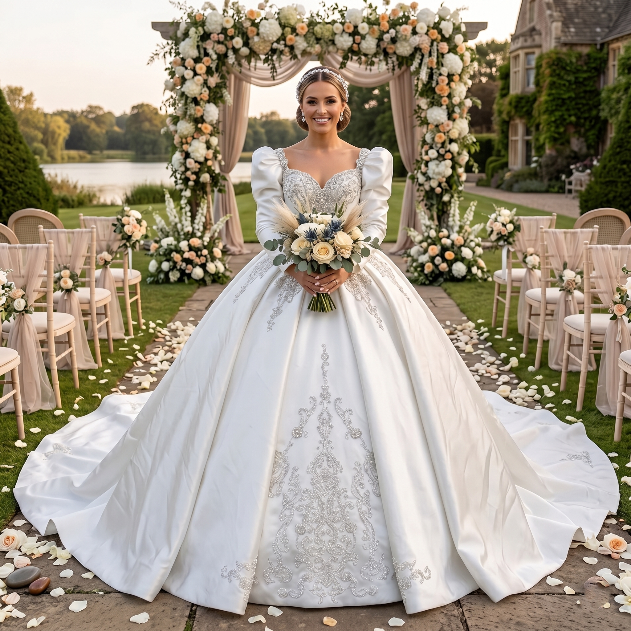 Bride wearing a luxury structured satin long sleeve princess ball gown wedding dress with prominent puff shoulders, a sweetheart neckline, and intricate silver embroidery at a lakeside garden ceremony.