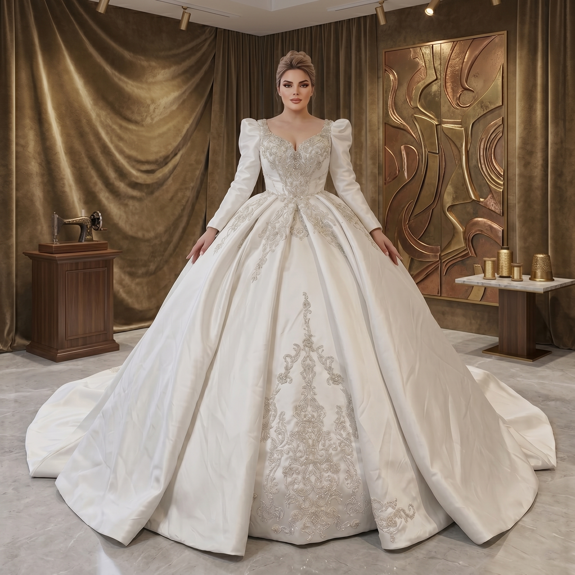 Model showcasing a white satin long sleeve wedding gown with a regal ball gown silhouette, a crystal-embellished sweetheart bodice, and a central panel of silver baroque embroidery.
