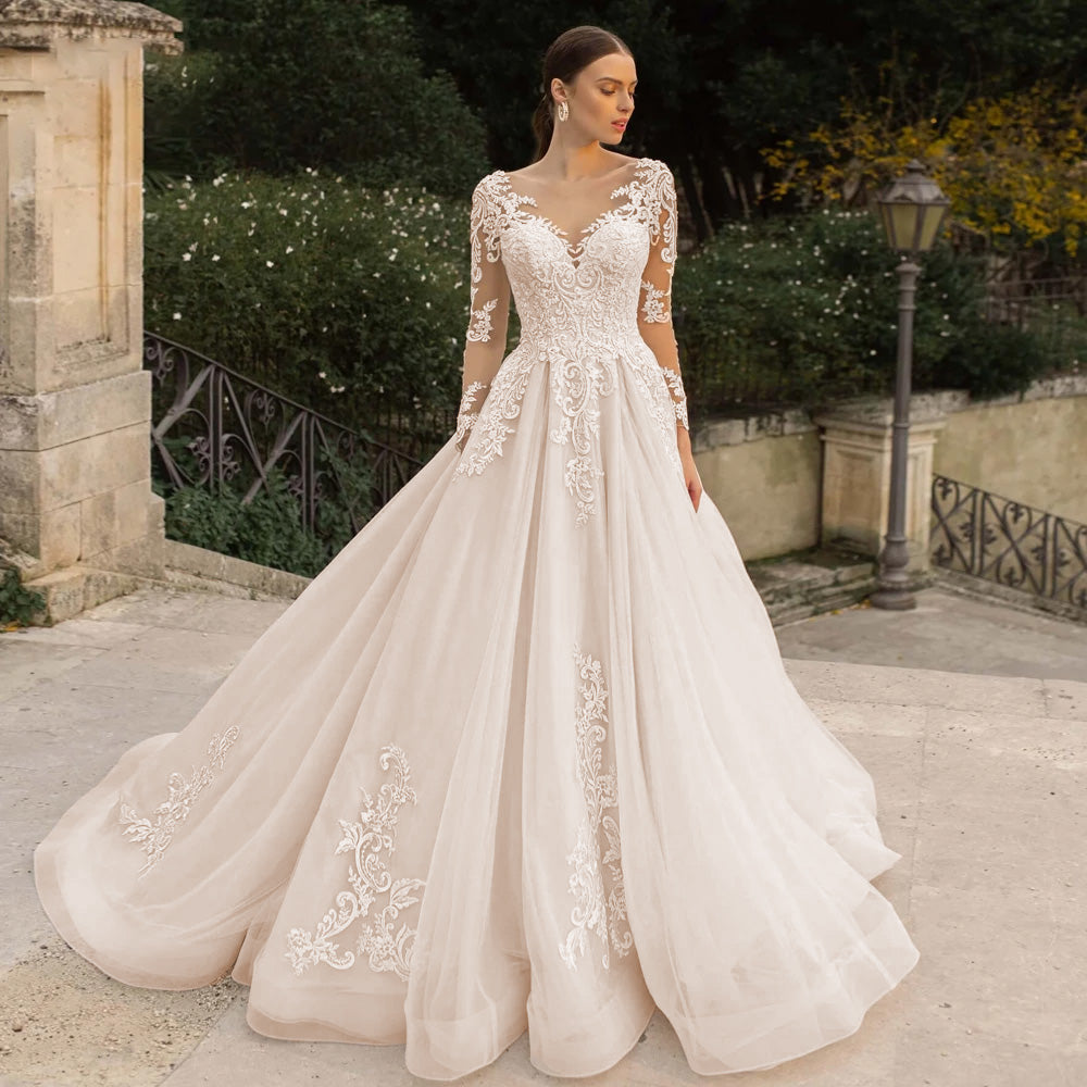 Long Sleeve Lace Vintage Wedding Dress Sexy Illusion A-Line Beaded Cou – Elsi John