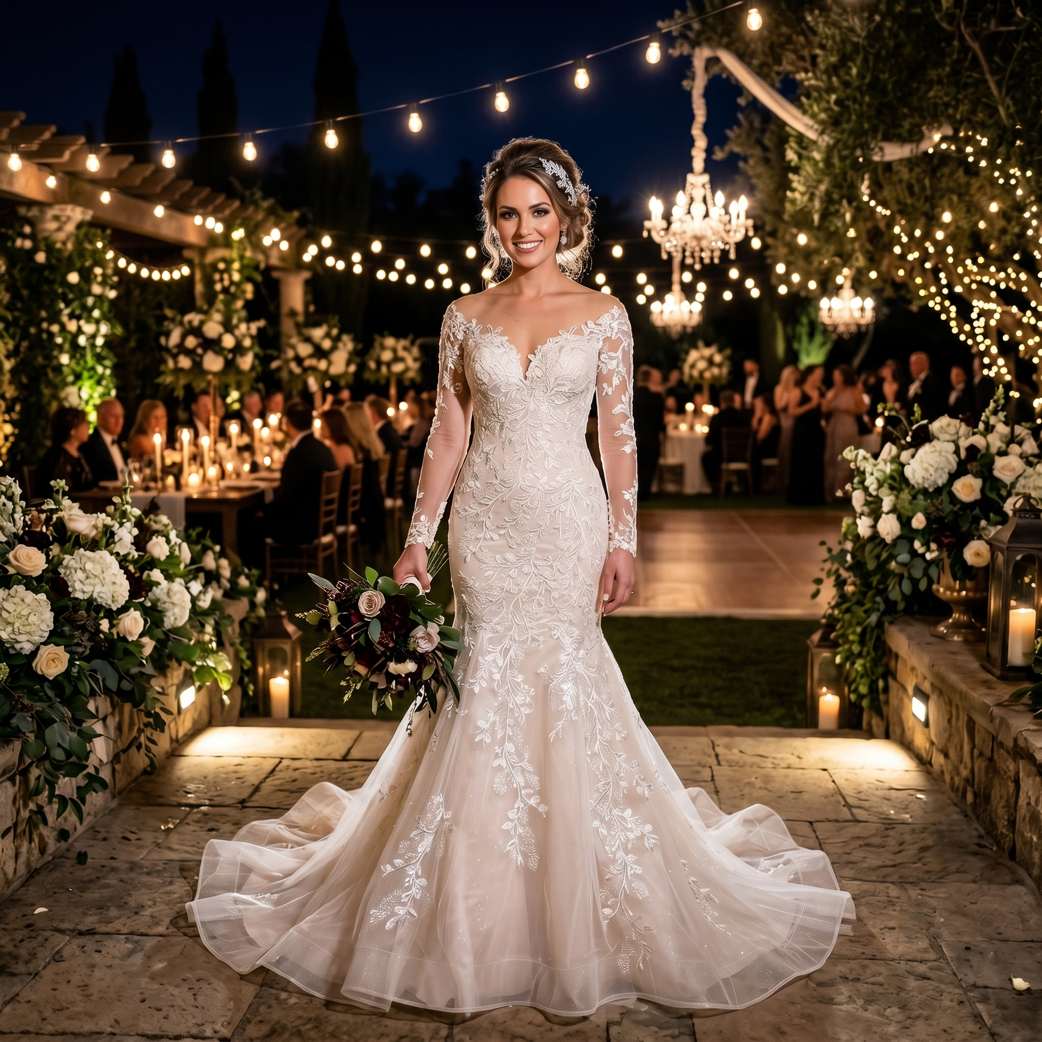 Elegant long sleeve mermaid wedding dress with lace appliques and an illusion O-neckline, worn by a smiling bride at an outdoor evening reception with string lights.