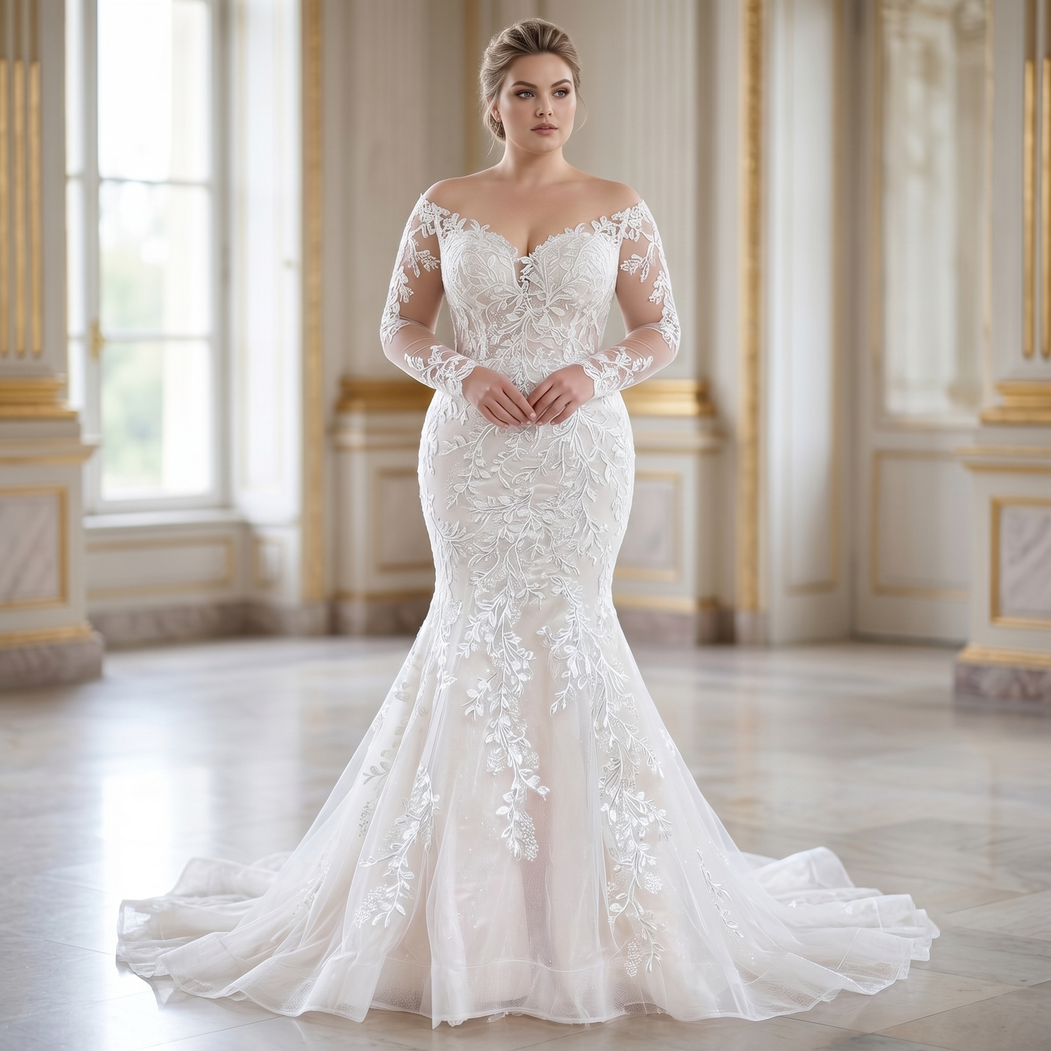 Plus size vintage long sleeve mermaid bridal gown featuring delicate floral lace details and a tulle skirt, modeled in a classic indoor ballroom setting.