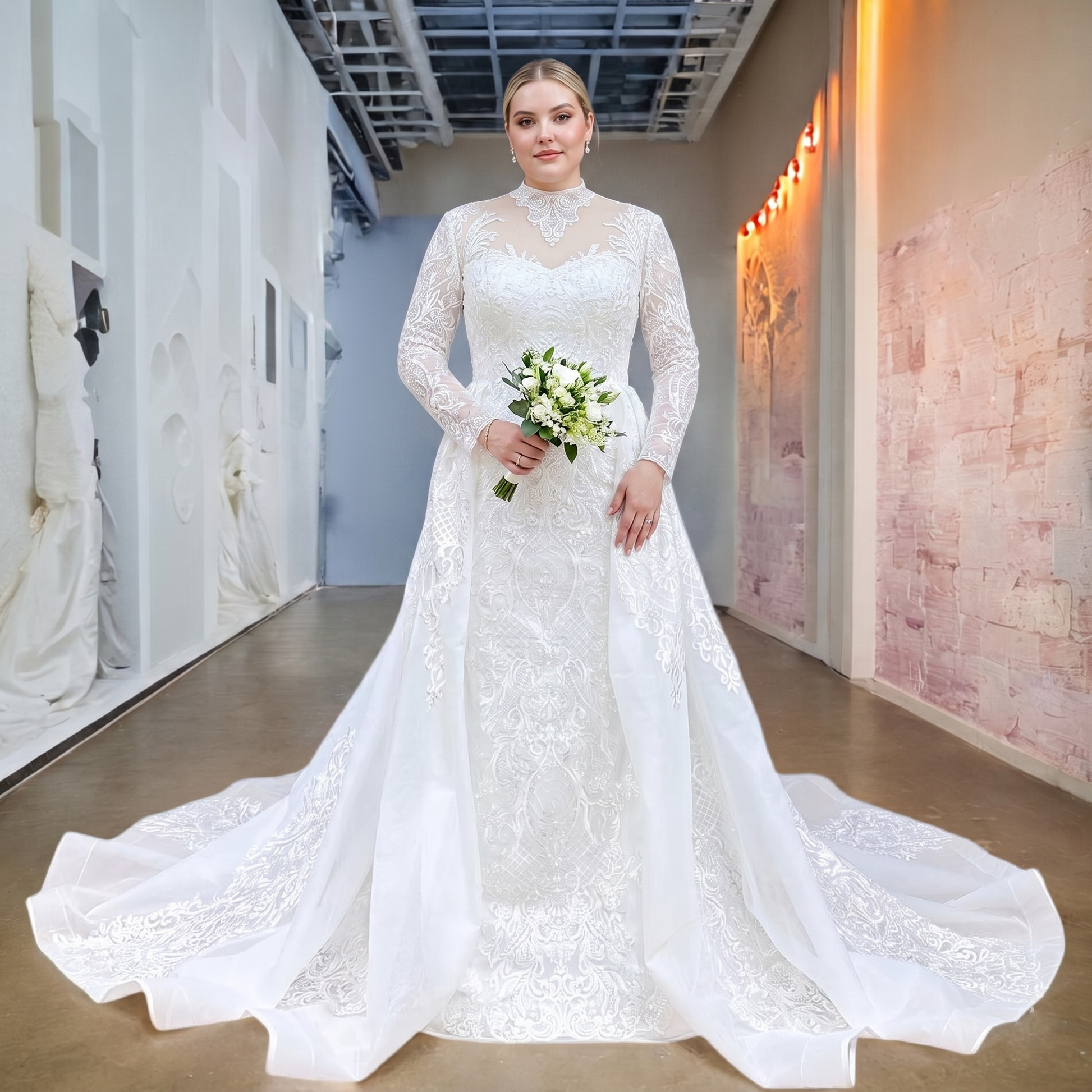 Model wearing a long-sleeve mermaid bridal gown with illusion neckline and detachable train in a luxury bridal showroom.