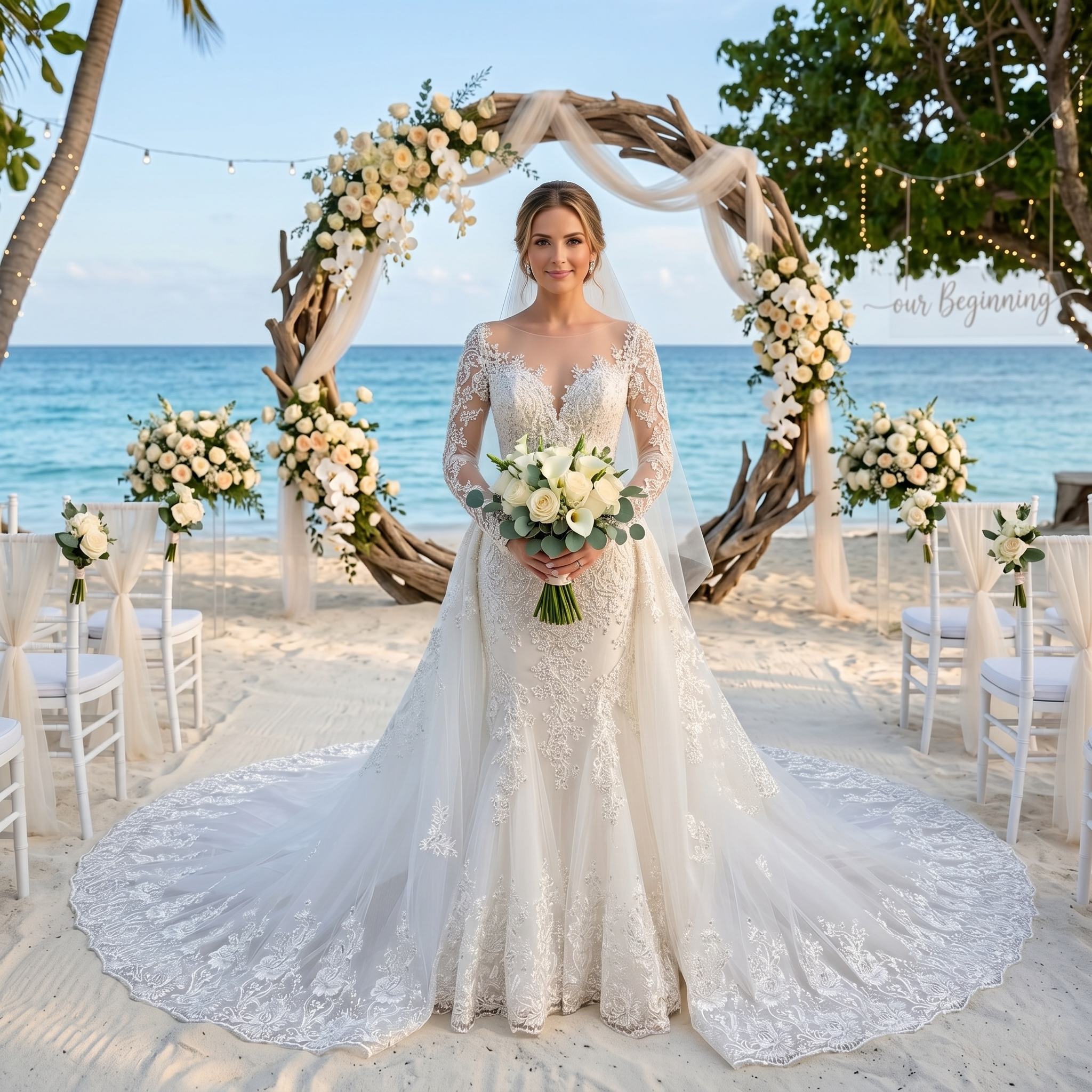 A bride in a vintage luxury long sleeve mermaid wedding dress with a detachable train stands before a driftwood arch at a beach wedding ceremony.