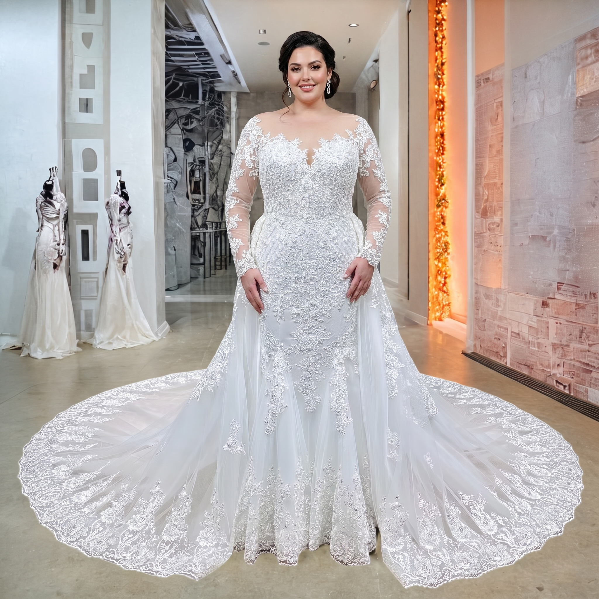 Front view of a plus-size bridal model wearing a luxury long sleeve lace mermaid wedding gown with an illusion neckline and a matching detachable overskirt train.