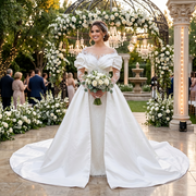 Smiling bride wearing a luxury beaded mermaid wedding dress with long illusion sleeves and a dramatic detachable satin overskirt train in a garden gazebo.