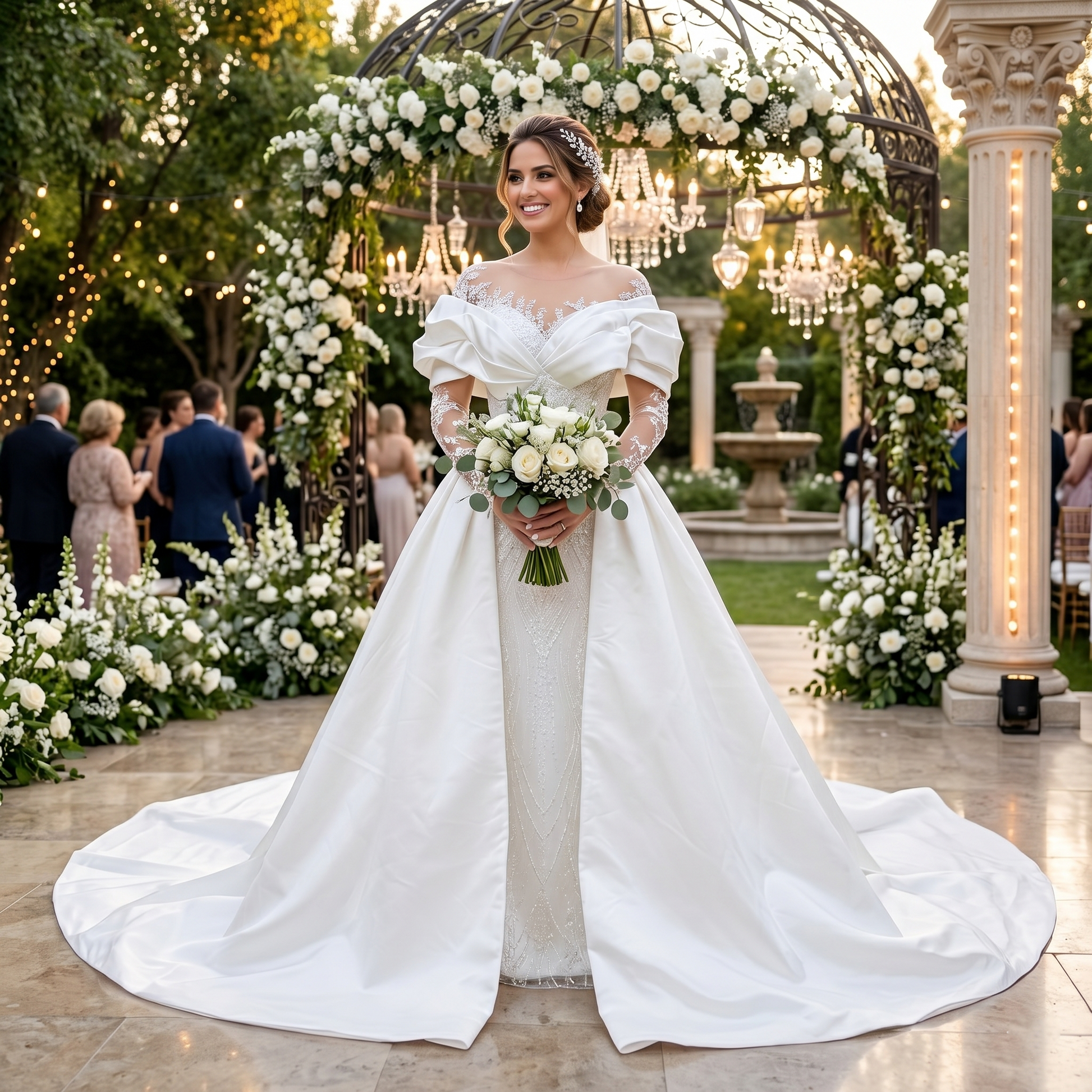 Smiling bride wearing a luxury beaded mermaid wedding dress with long illusion sleeves and a dramatic detachable satin overskirt train in a garden gazebo.