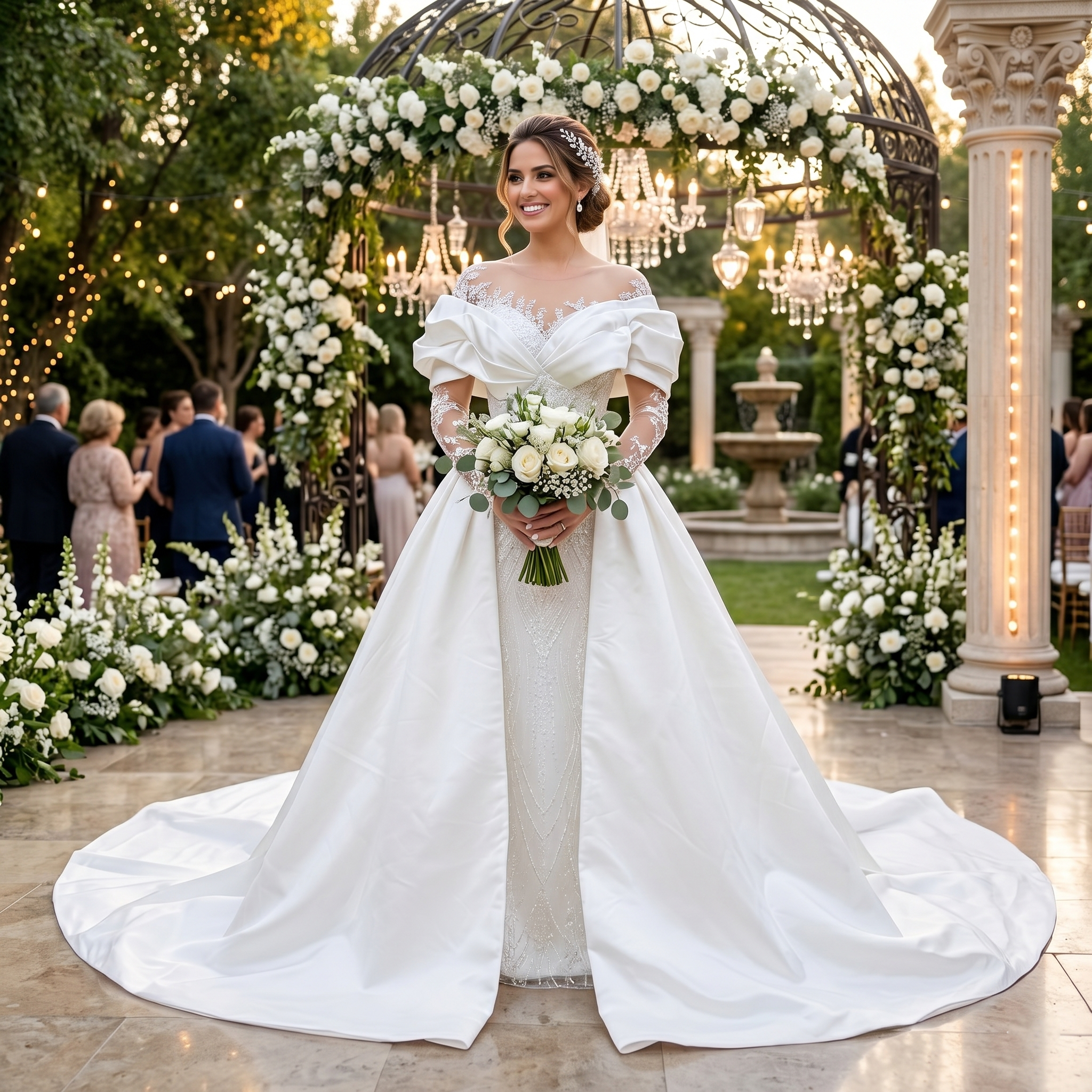 Smiling bride wearing a luxury beaded mermaid wedding dress with long illusion sleeves and a dramatic detachable satin overskirt train in a garden gazebo.