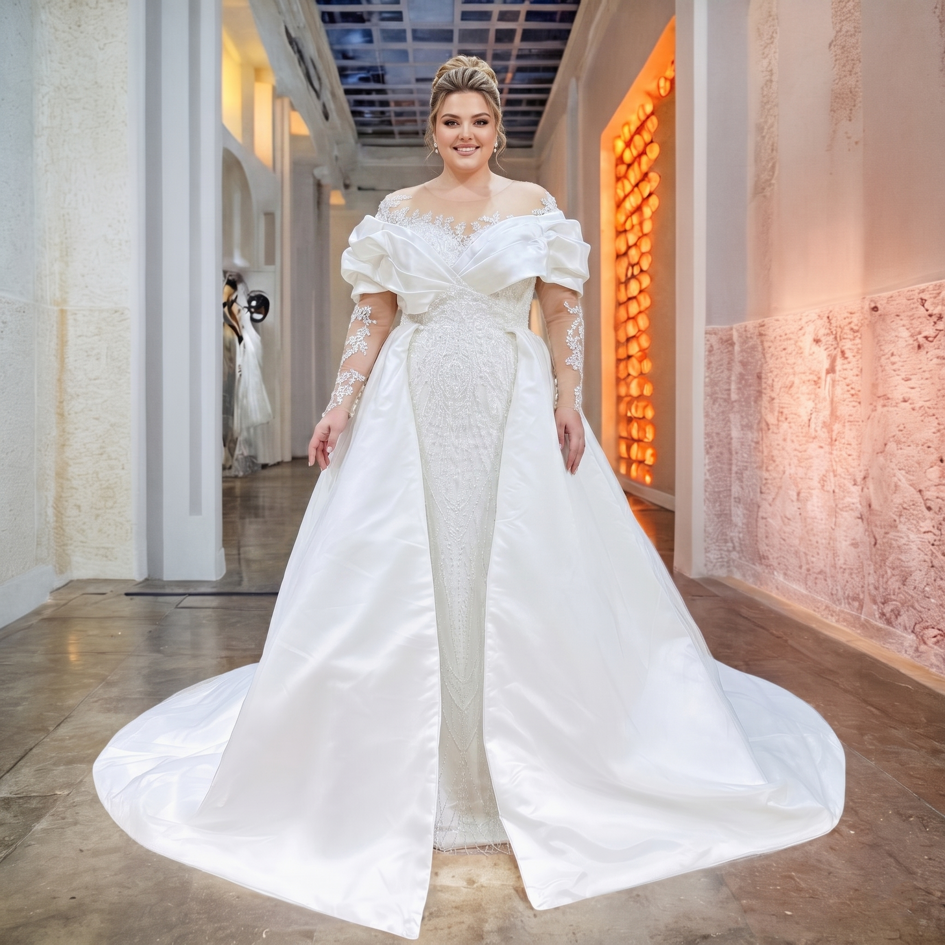 Plus-size model showcasing a 2-in-1 bridal look featuring a form-fitting beaded column dress layered with a voluminous satin detachable train.