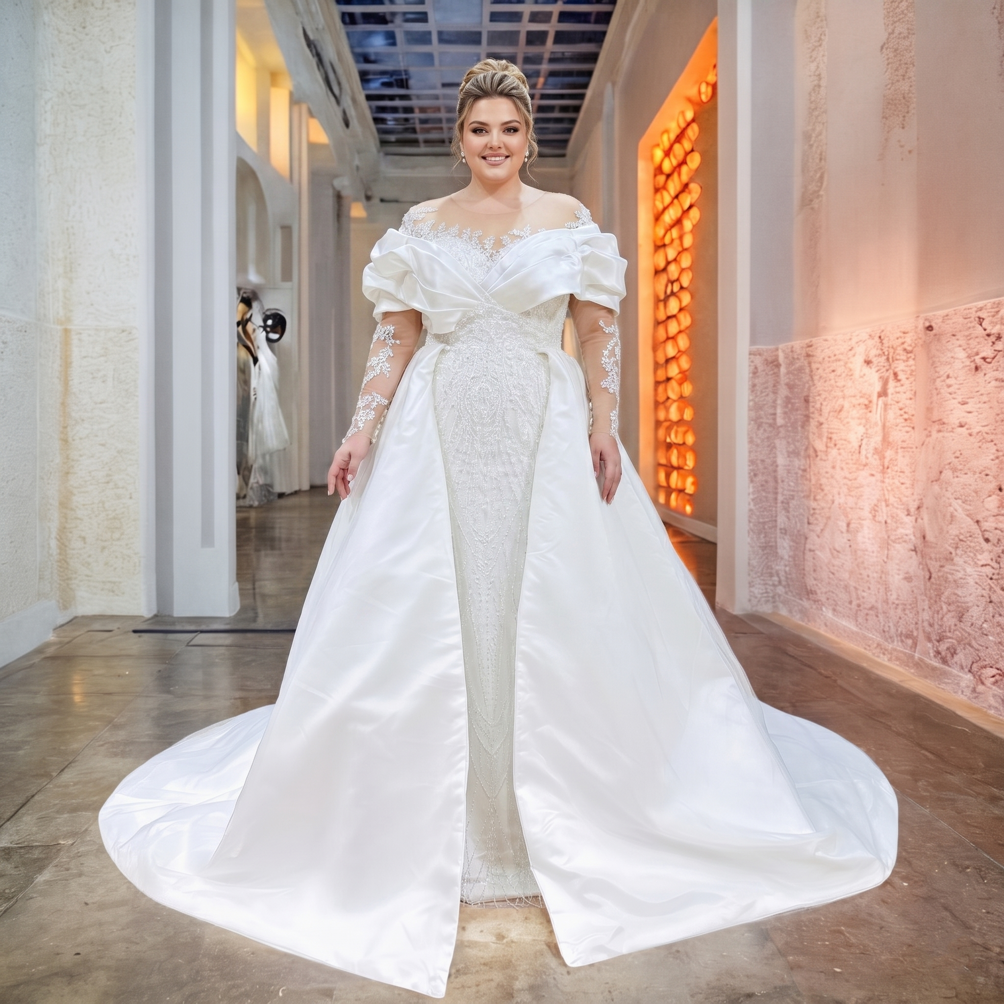 Plus-size model showcasing a 2-in-1 bridal look featuring a form-fitting beaded column dress layered with a voluminous satin detachable train.