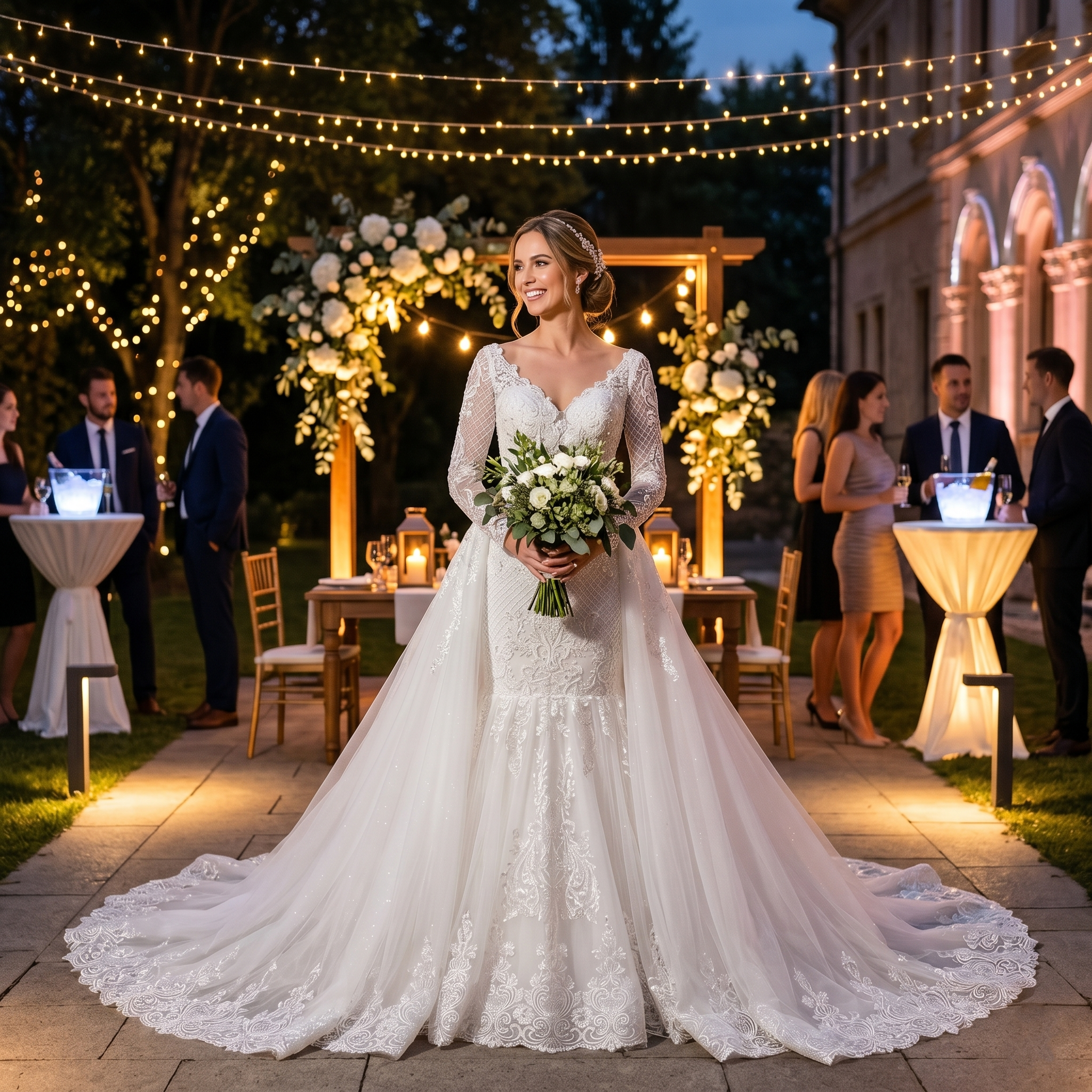 A smiling bride wearing a long-sleeve lace mermaid wedding dress with a layered detachable tulle overskirt, standing at an illuminated outdoor night wedding reception.