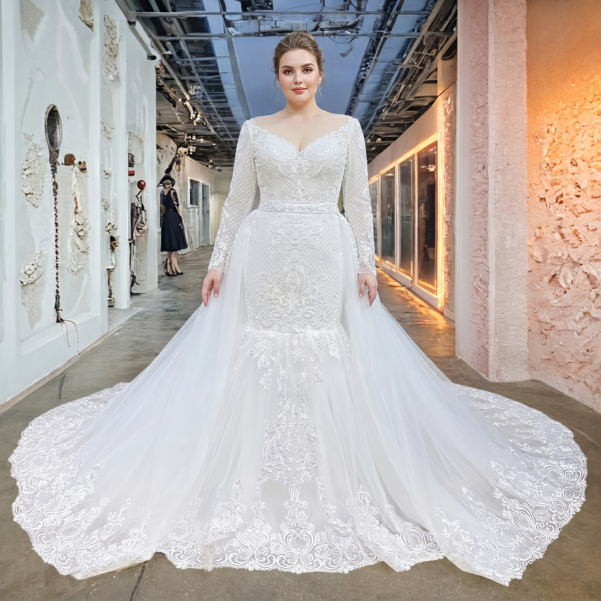 A plus-size model showcasing a fitted long-sleeve lace bridal gown with a sweetheart illusion neckline and a dramatic cathedral-length detachable tulle train.