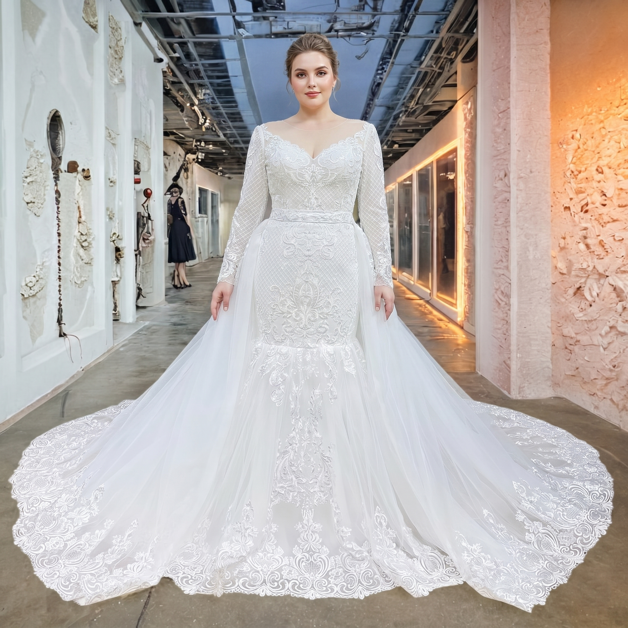 A plus-size model showcasing a fitted long-sleeve lace bridal gown with a sweetheart illusion neckline and a dramatic cathedral-length detachable tulle train.
