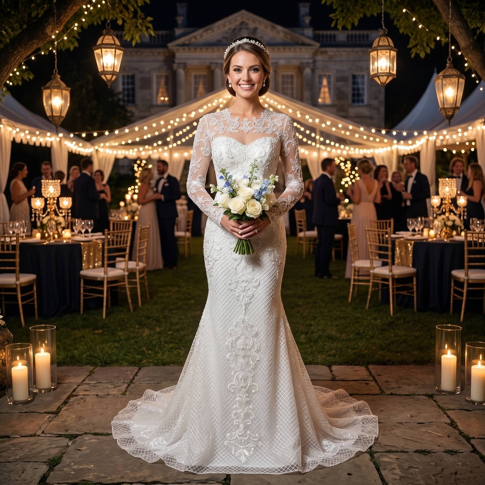 Smiling bride wearing a heavily embellished long-sleeve mermaid wedding dress with pearl appliques, holding a white rose bouquet at an elegant outdoor evening reception.