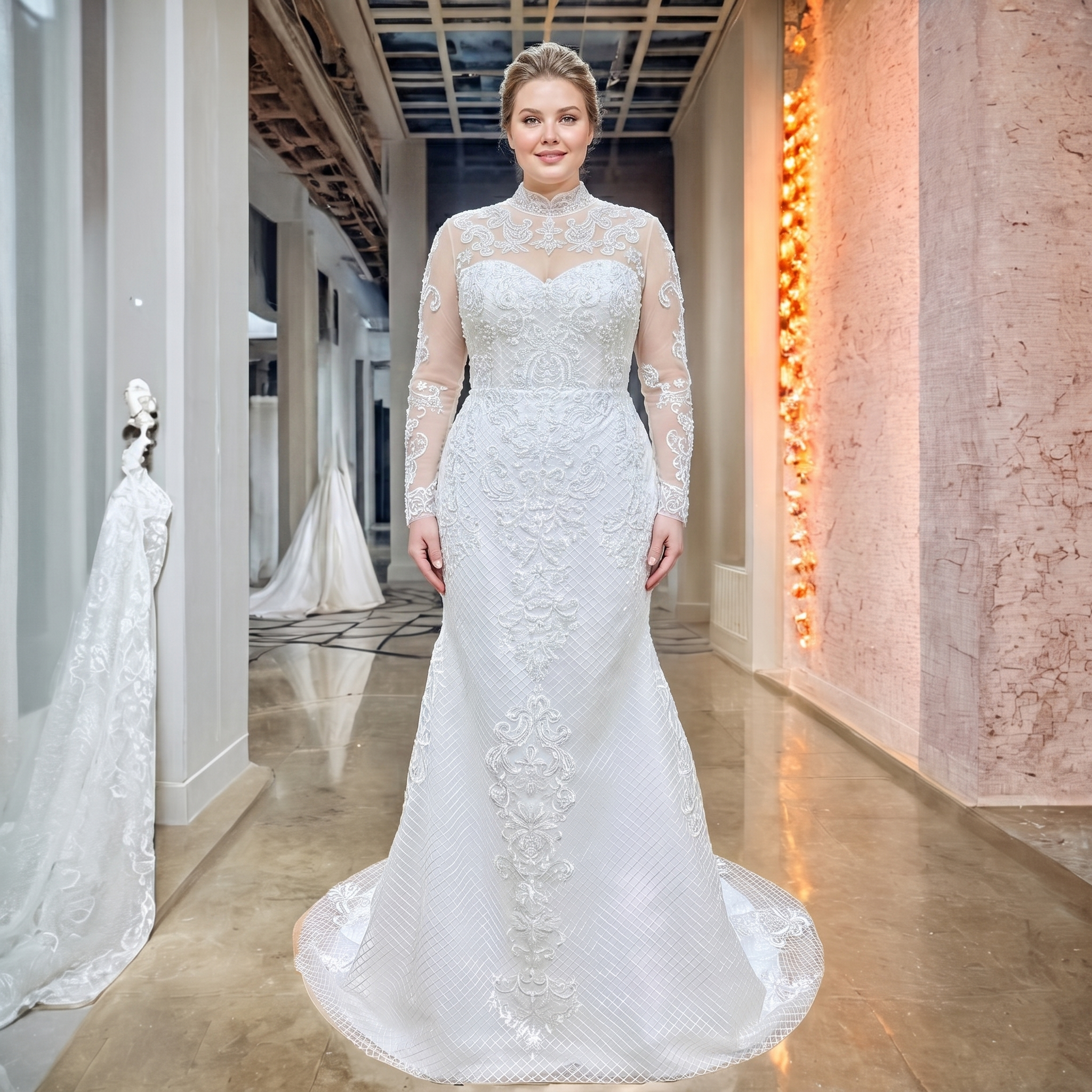 Full-length front view of a curve model showcasing a high-neck long-sleeve mermaid bridal gown with geometric lattice lace patterns inside a bridal boutique.