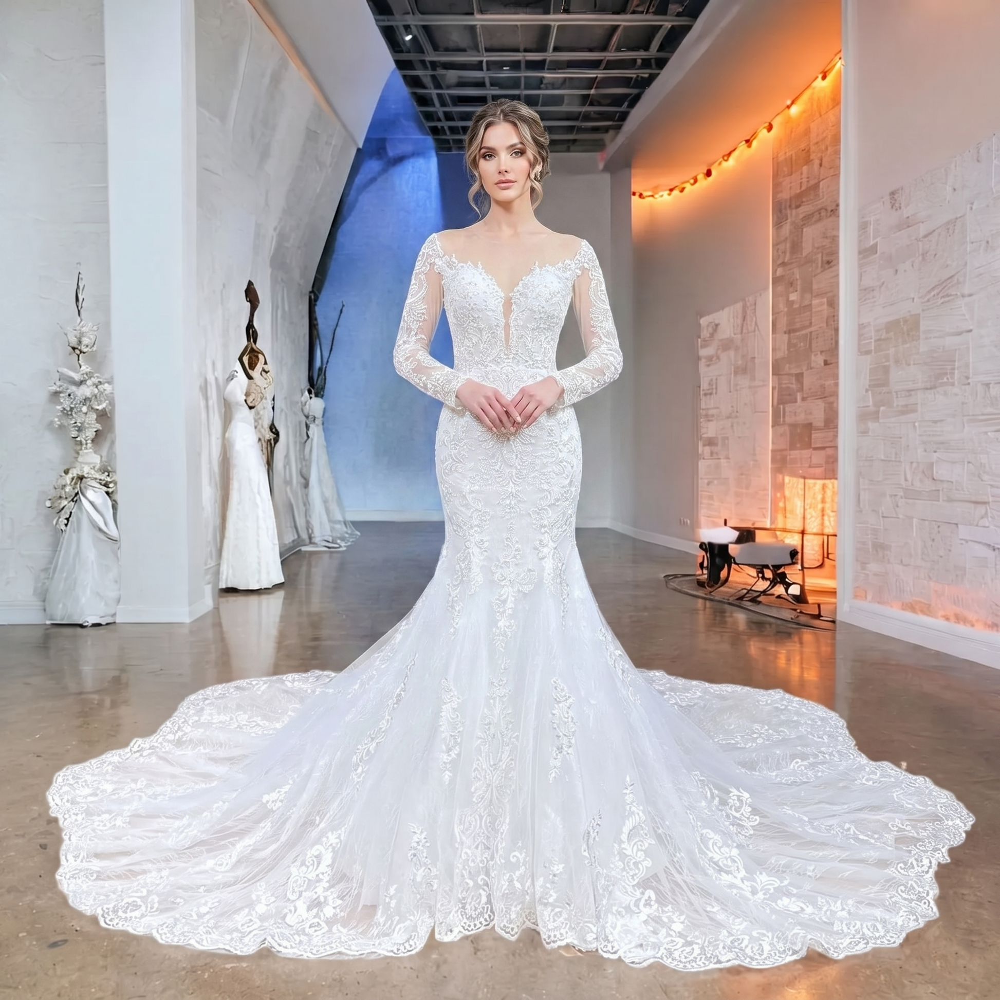 Front view of a model wearing an elegant long-sleeve mermaid wedding dress with an illusion V-neckline and intricate lace appliques in a luxury bridal showroom.