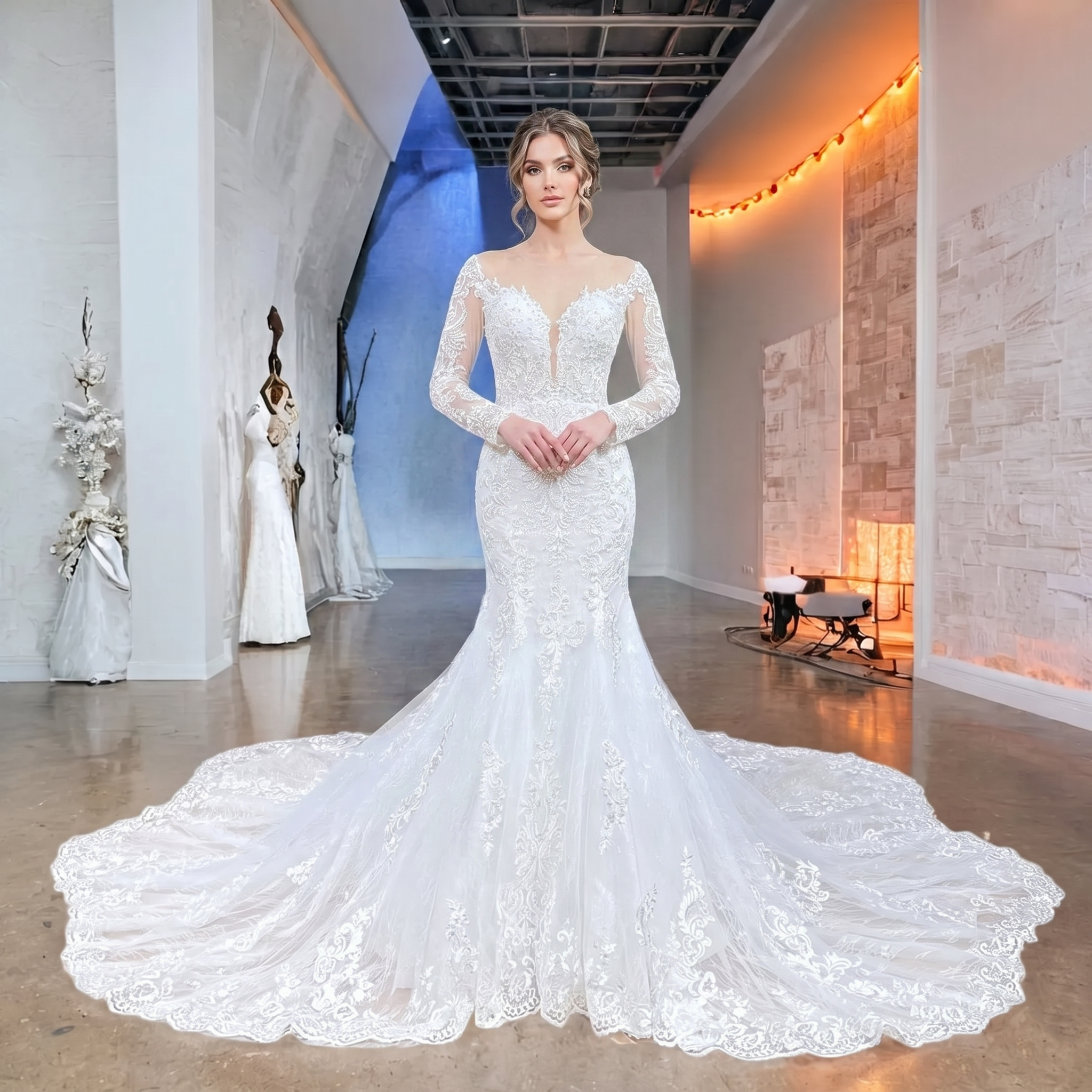 Front view of a model wearing an elegant long-sleeve mermaid wedding dress with an illusion V-neckline and intricate lace appliques in a luxury bridal showroom.