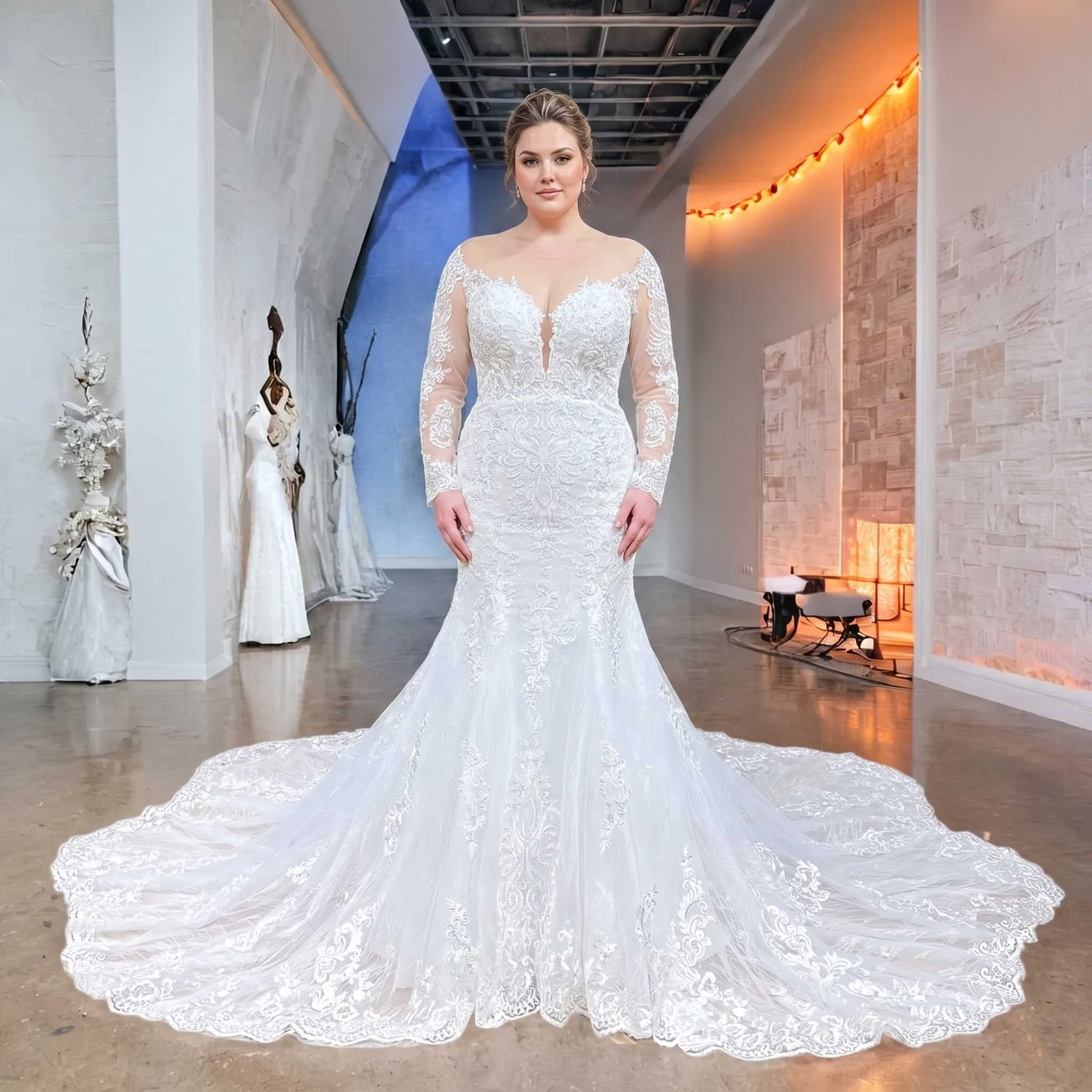 A plus-size model showcasing the flattering mermaid silhouette of a white lace wedding dress featuring long sheer sleeves and a dramatic scalloped lace train.