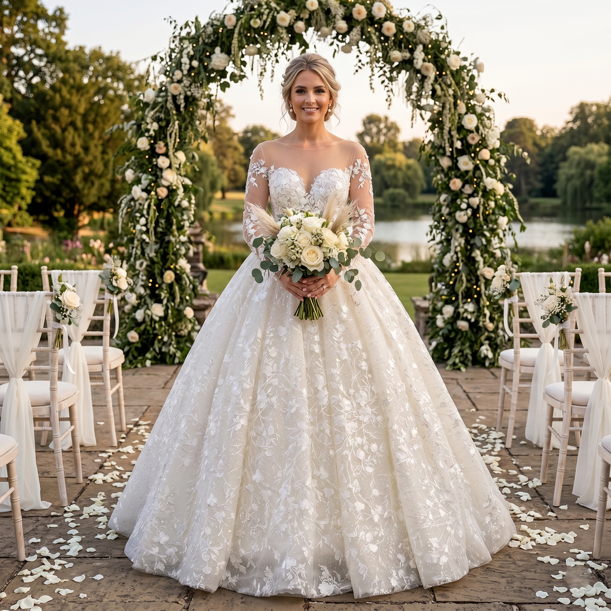 Bride wearing a luxury long sleeve ball gown wedding dress with a transparent illusion neckline and all-over white floral lace appliques at an outdoor garden ceremony.