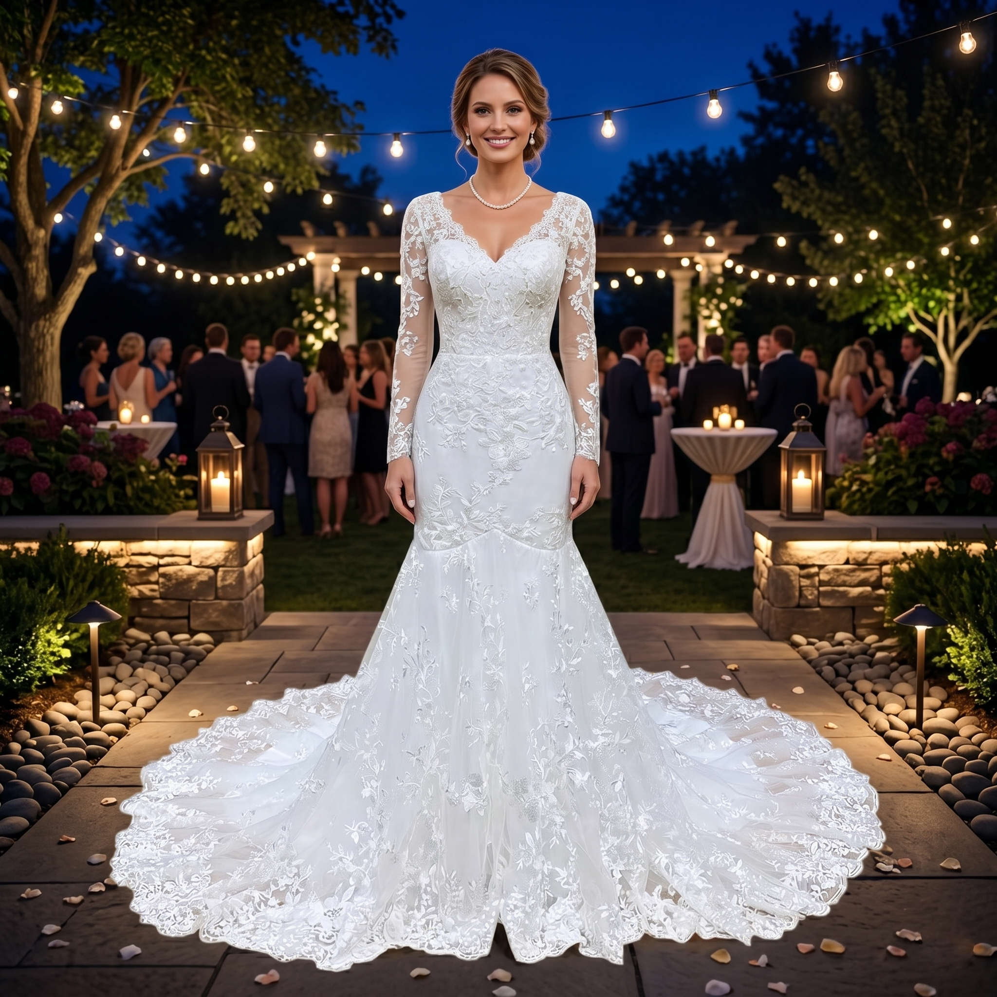 Smiling bride wearing a vintage-style long sleeve tulle mermaid wedding dress with a V-neckline and sequined beading at an outdoor evening garden reception.