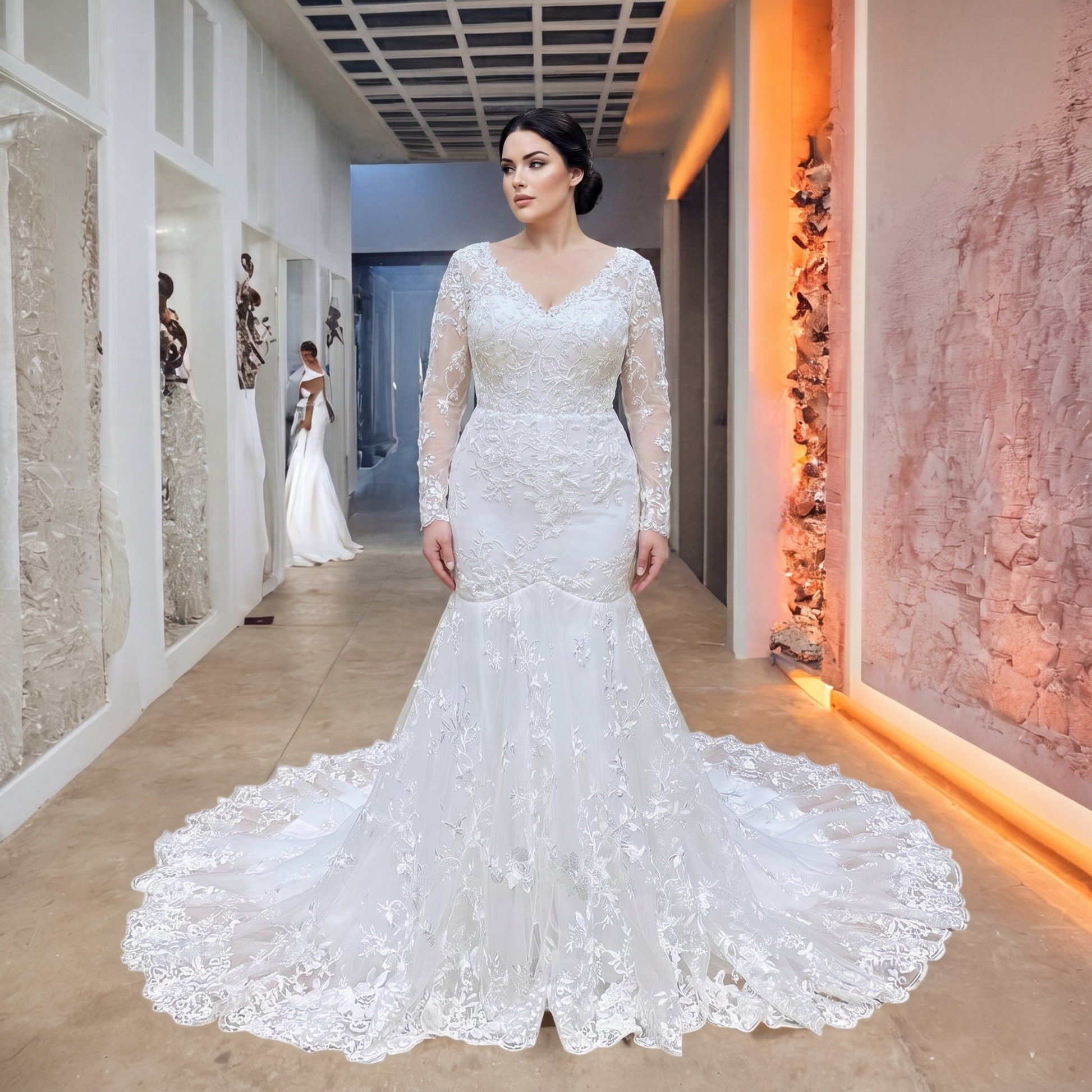 Plus size bridal model showcasing a white long sleeve V-neck mermaid bridal gown with intricate sequined lace embroidery in a luxury showroom corridor.