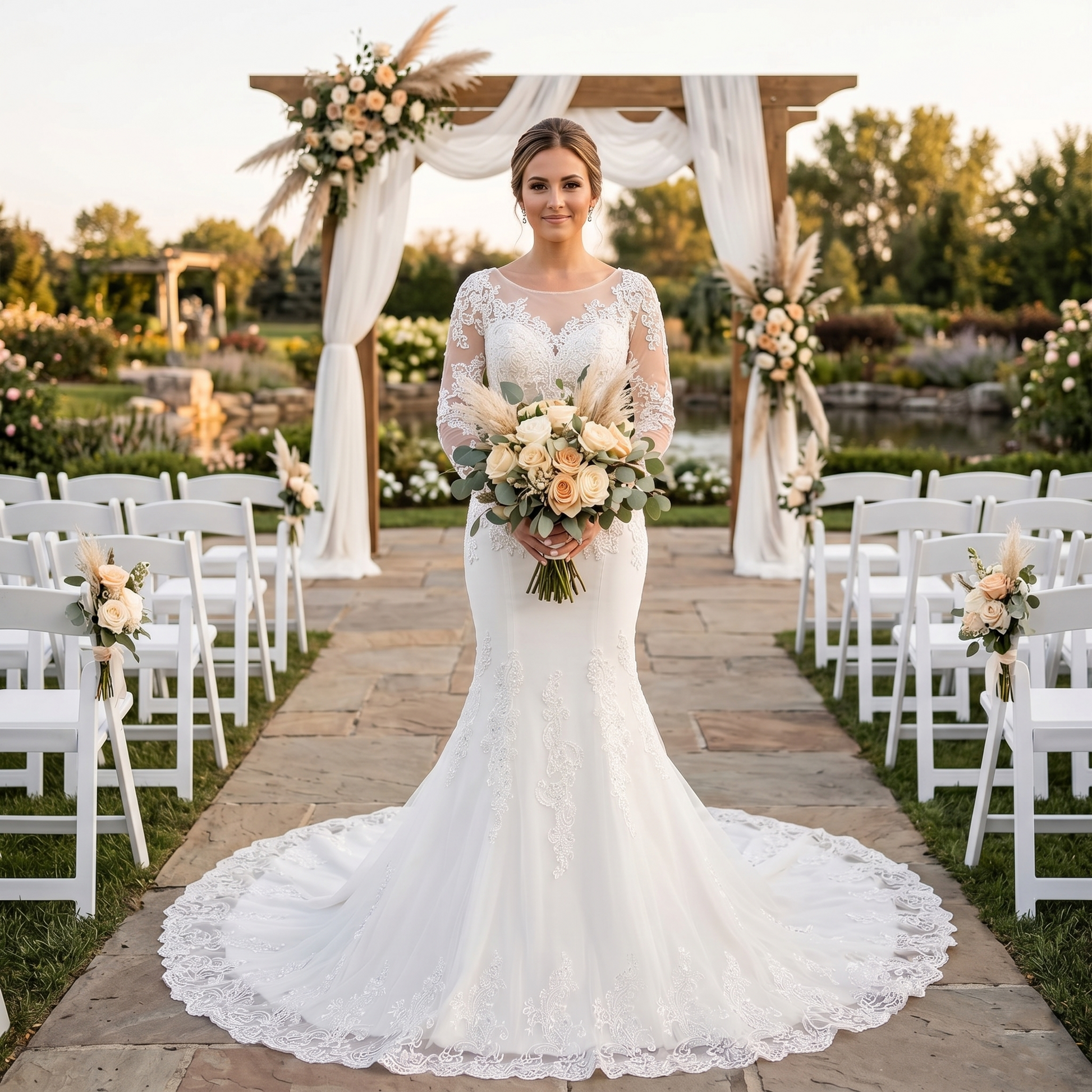 Full-length view of a bride at an outdoor wedding ceremony wearing an elegant long sleeve mermaid wedding dress featuring sheer lace sleeves, an illusion neckline, and a sweeping train.