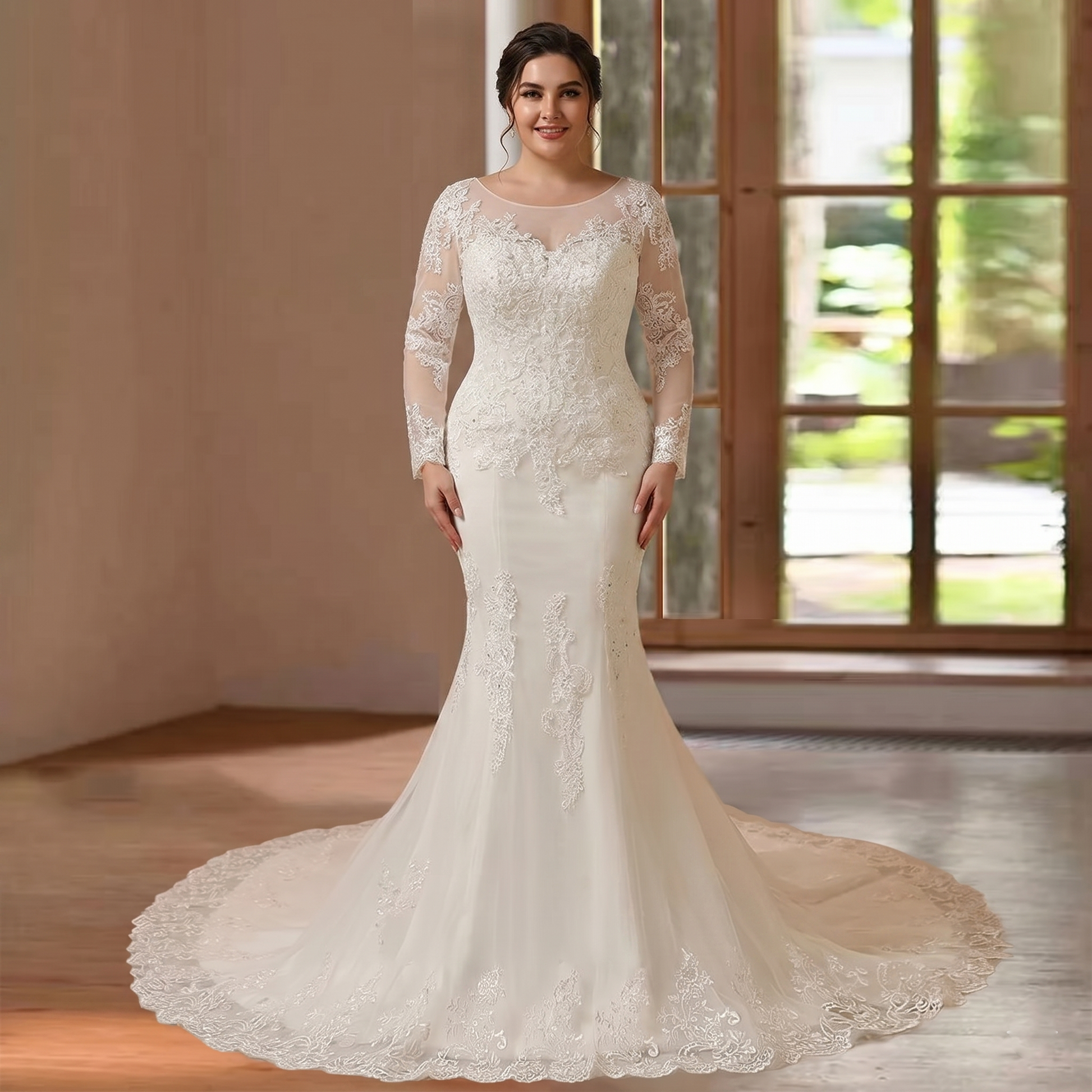 Smiling bride standing indoors showcasing a romantic long sleeve mermaid bridal gown with an illusion sweetheart neckline and intricate floral lace appliqués over a fitted silhouette.