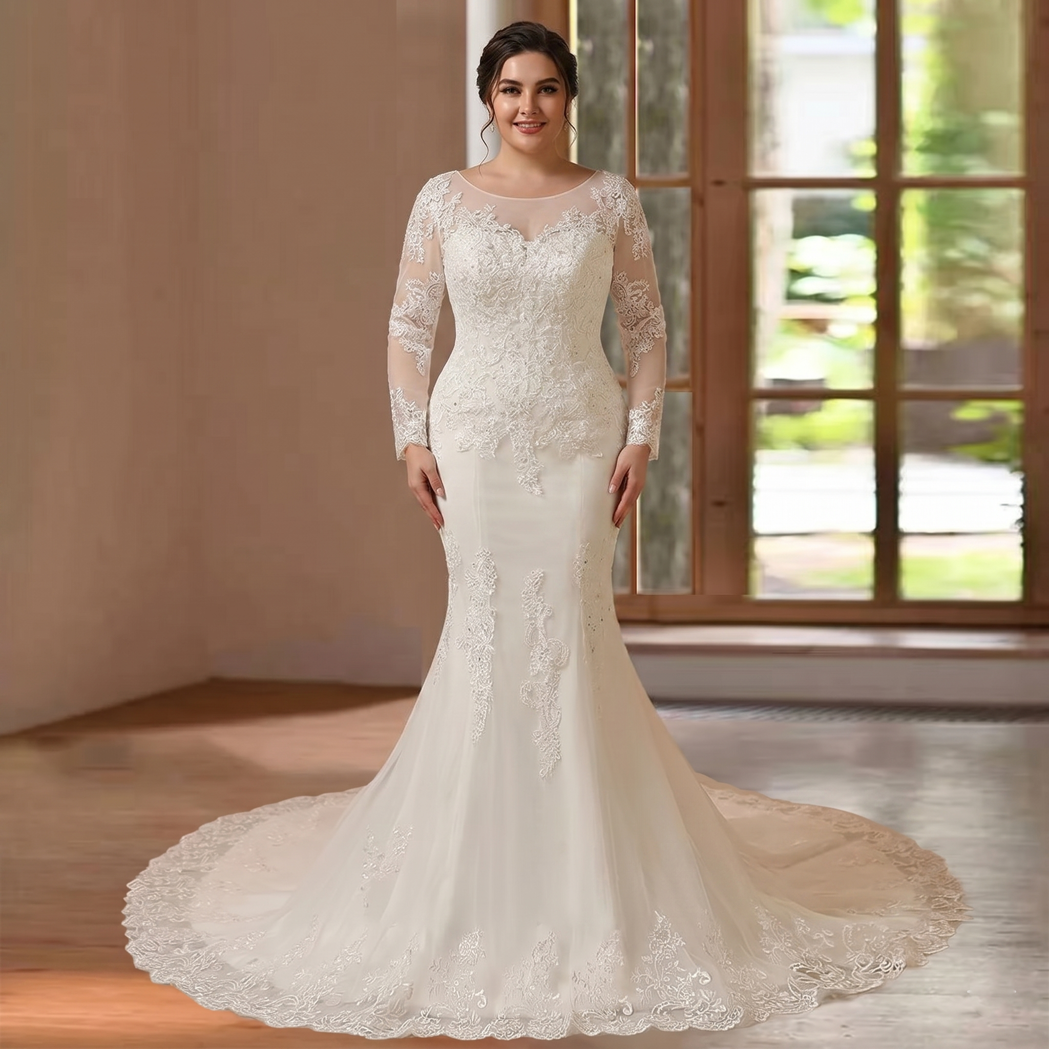 Smiling bride standing indoors showcasing a romantic long sleeve mermaid bridal gown with an illusion sweetheart neckline and intricate floral lace appliqués over a fitted silhouette.