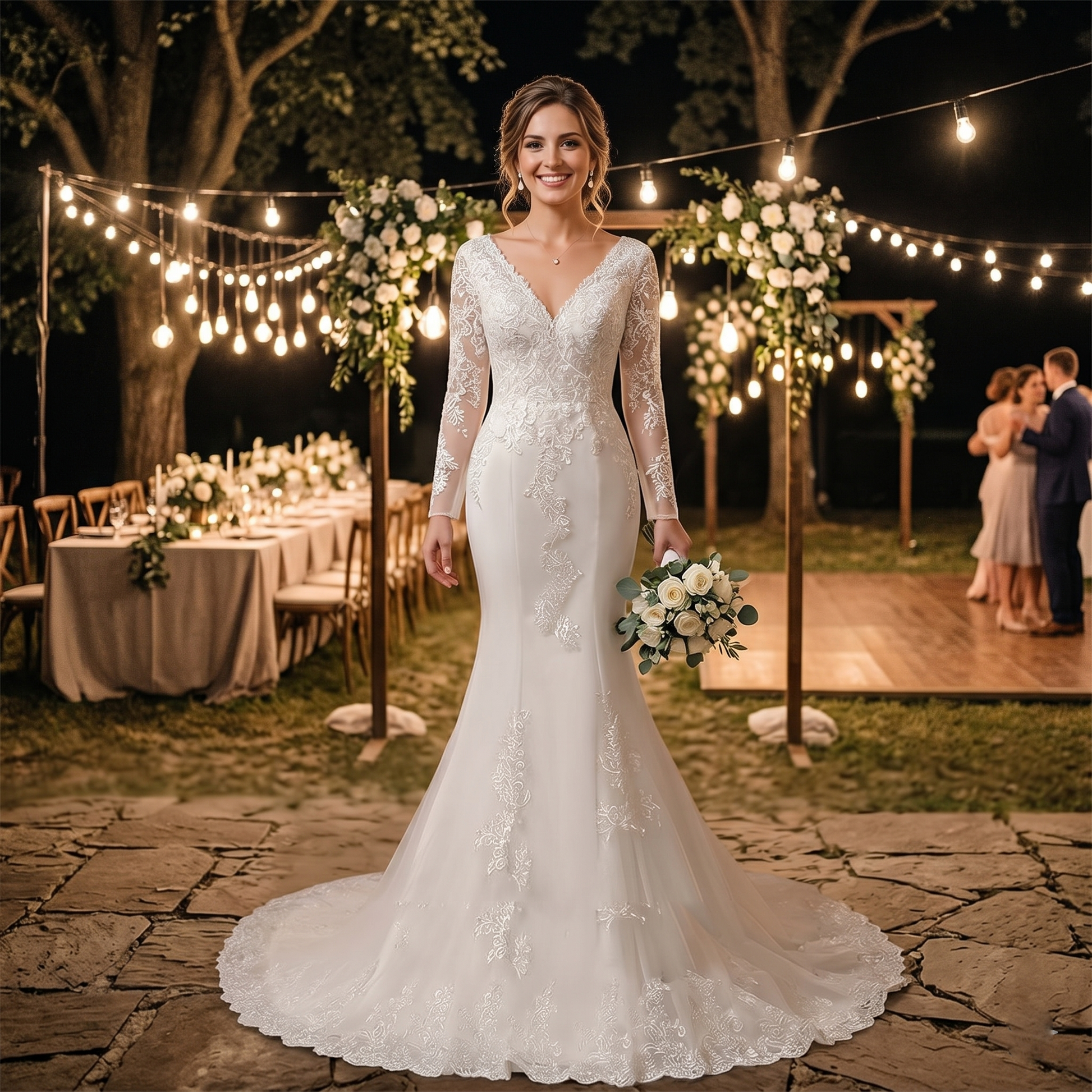 Full-length view of a radiant bride at an outdoor garden wedding, wearing an elegant long sleeve O-neck mermaid wedding dress with sheer lace details and holding a floral bouquet.