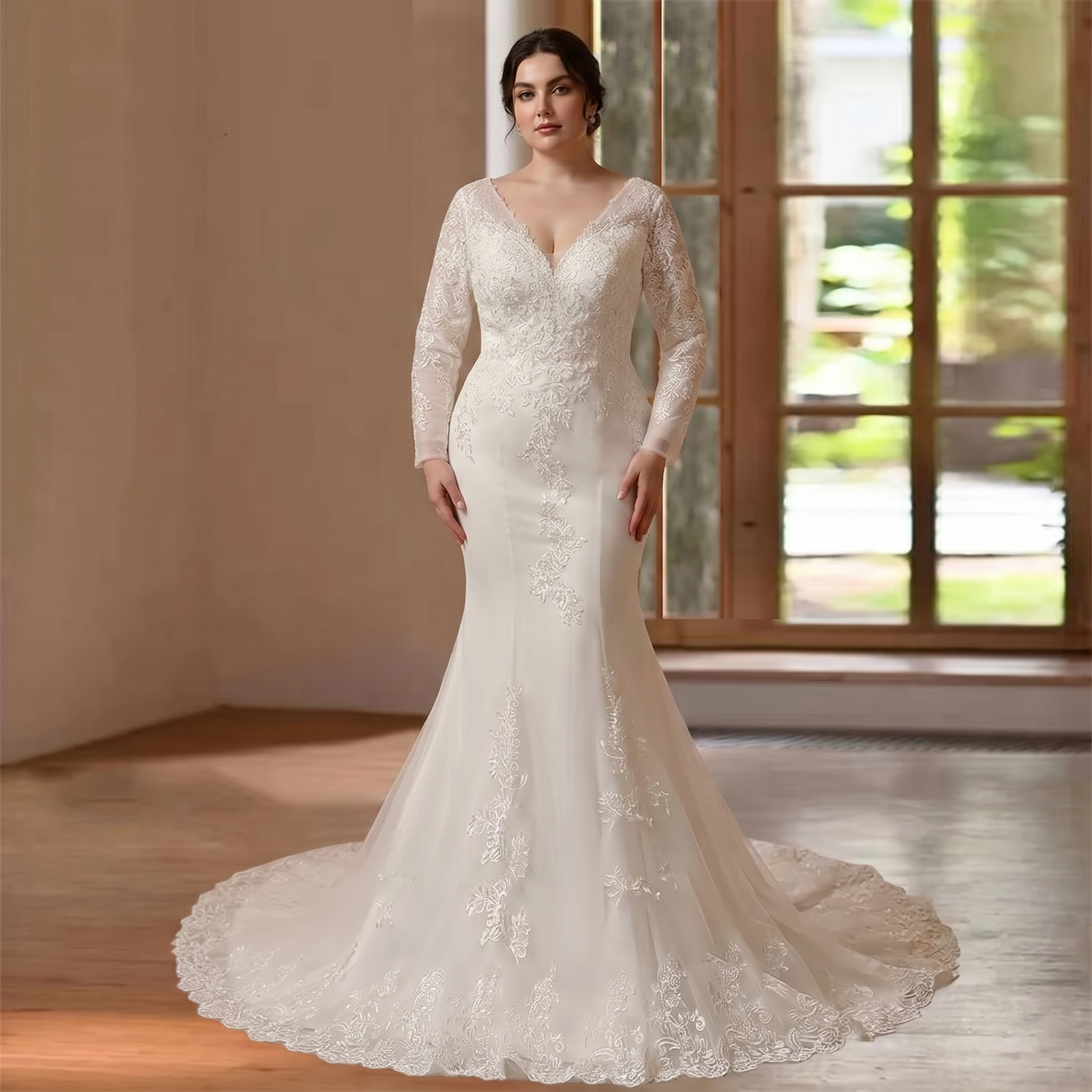 Beautiful bride standing indoors modeling a romantic long sleeve O-neck mermaid bridal gown featuring a sheer illusion neckline, fitted bodice, and heavy lace appliqués.