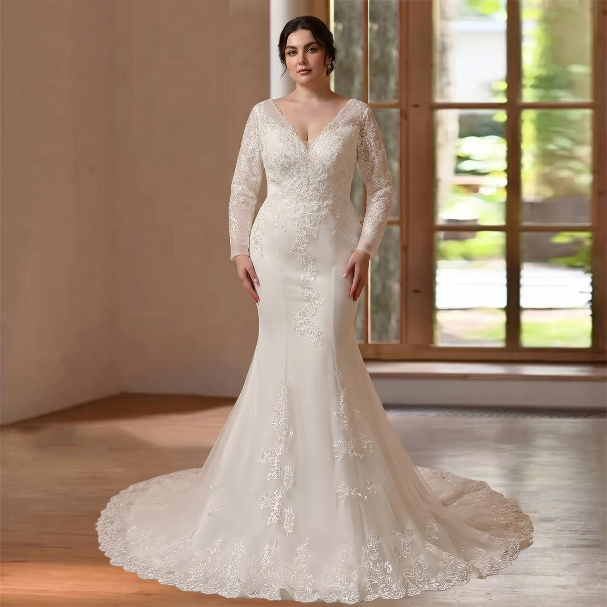 Beautiful bride standing indoors modeling a romantic long sleeve O-neck mermaid bridal gown featuring a sheer illusion neckline, fitted bodice, and heavy lace appliqués.