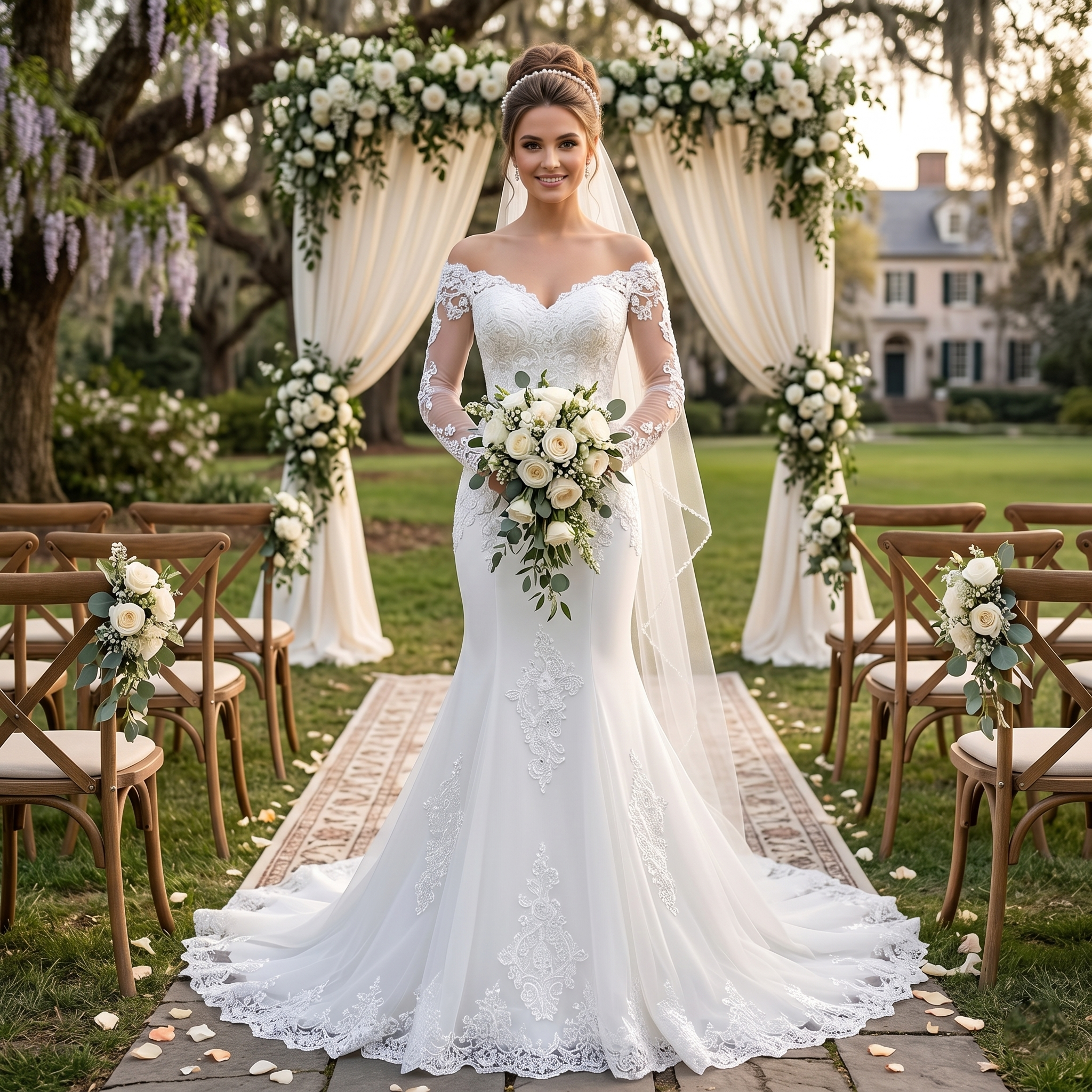 A bride in an elegant off-the-shoulder, long-sleeve mermaid wedding dress with intricate floral appliques, standing at a beautiful outdoor ceremony.
