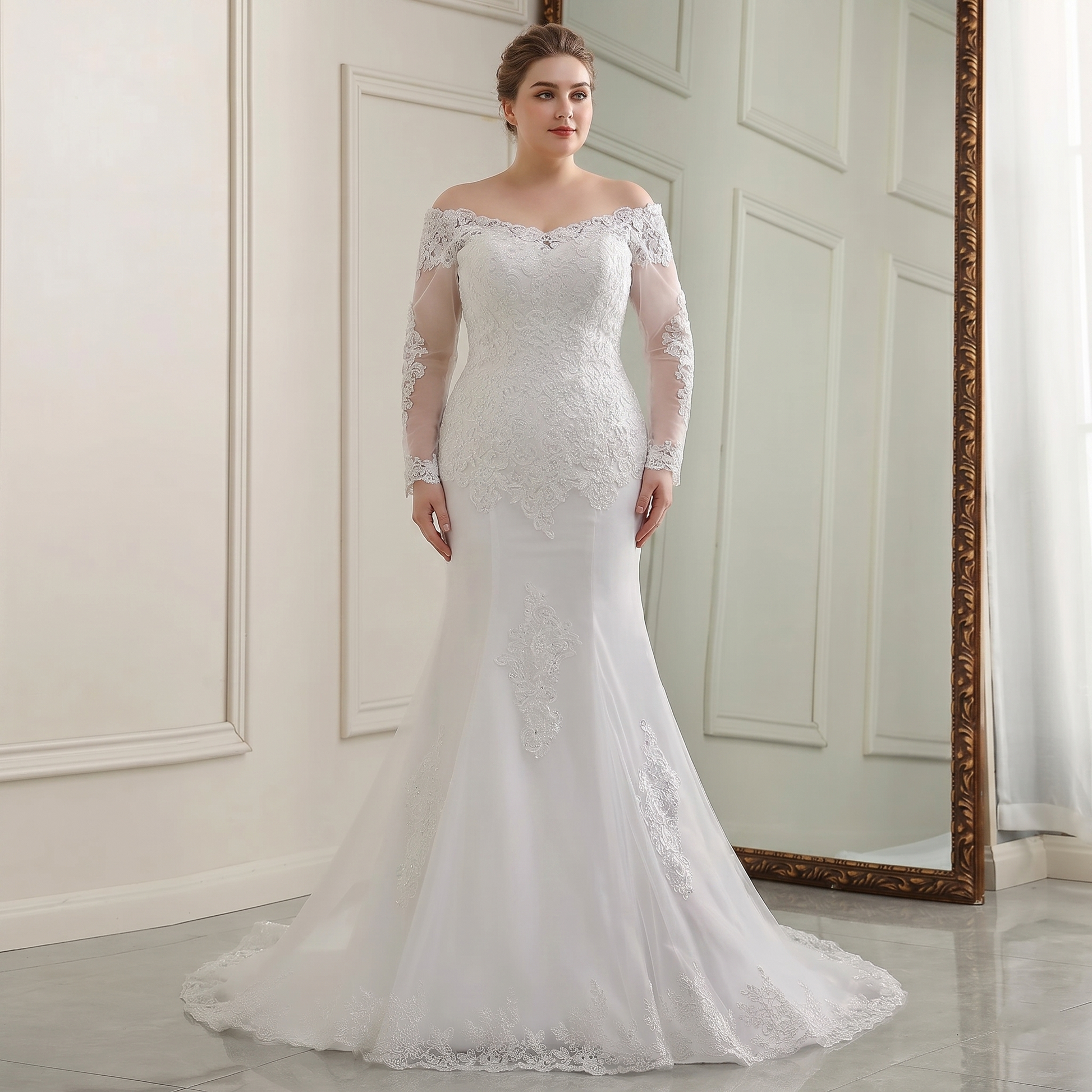 A front-facing view of a plus-size bride wearing a long-sleeve, off-the-shoulder mermaid bridal gown featuring detailed beaded lace appliques.