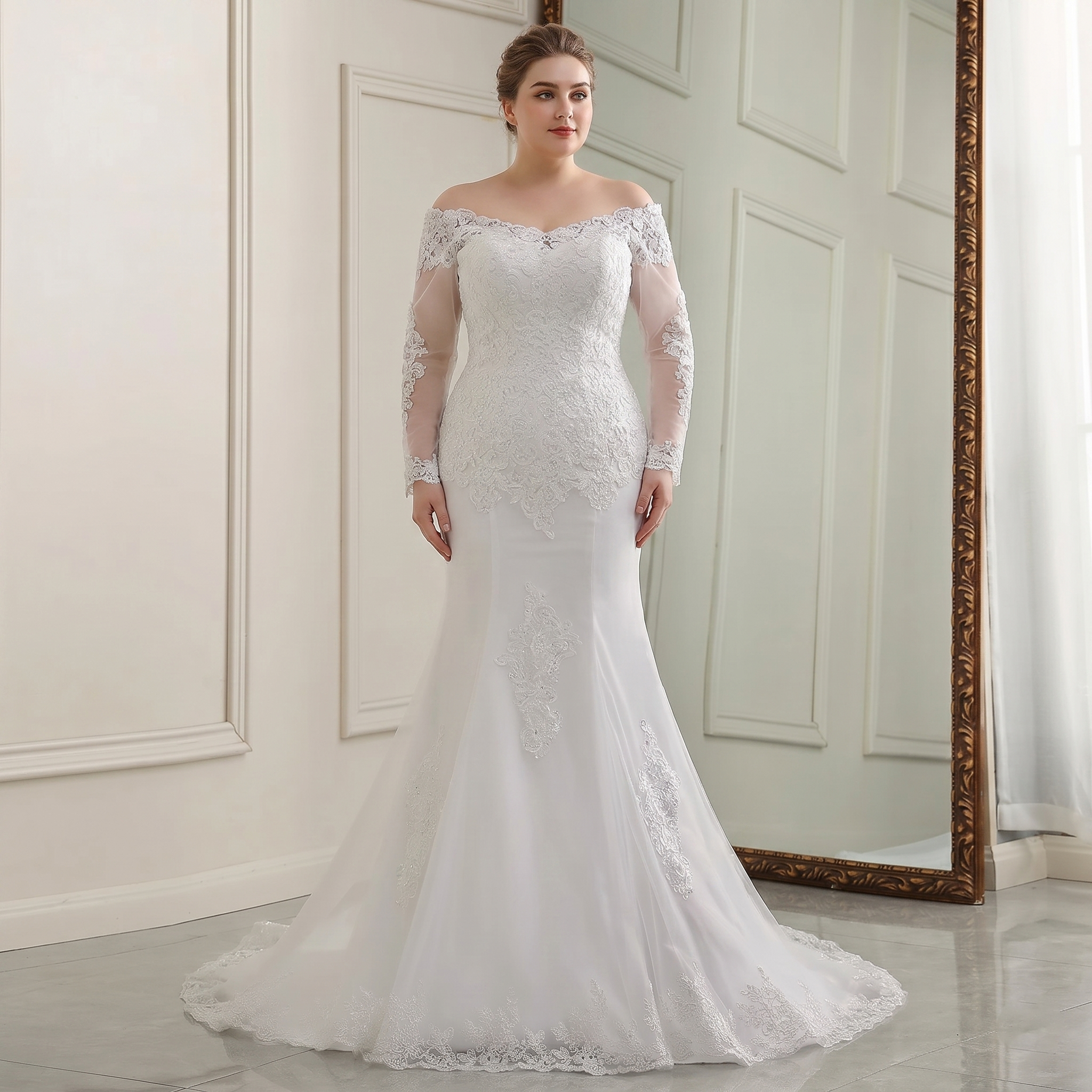 A front-facing view of a plus-size bride wearing a long-sleeve, off-the-shoulder mermaid bridal gown featuring detailed beaded lace appliques.