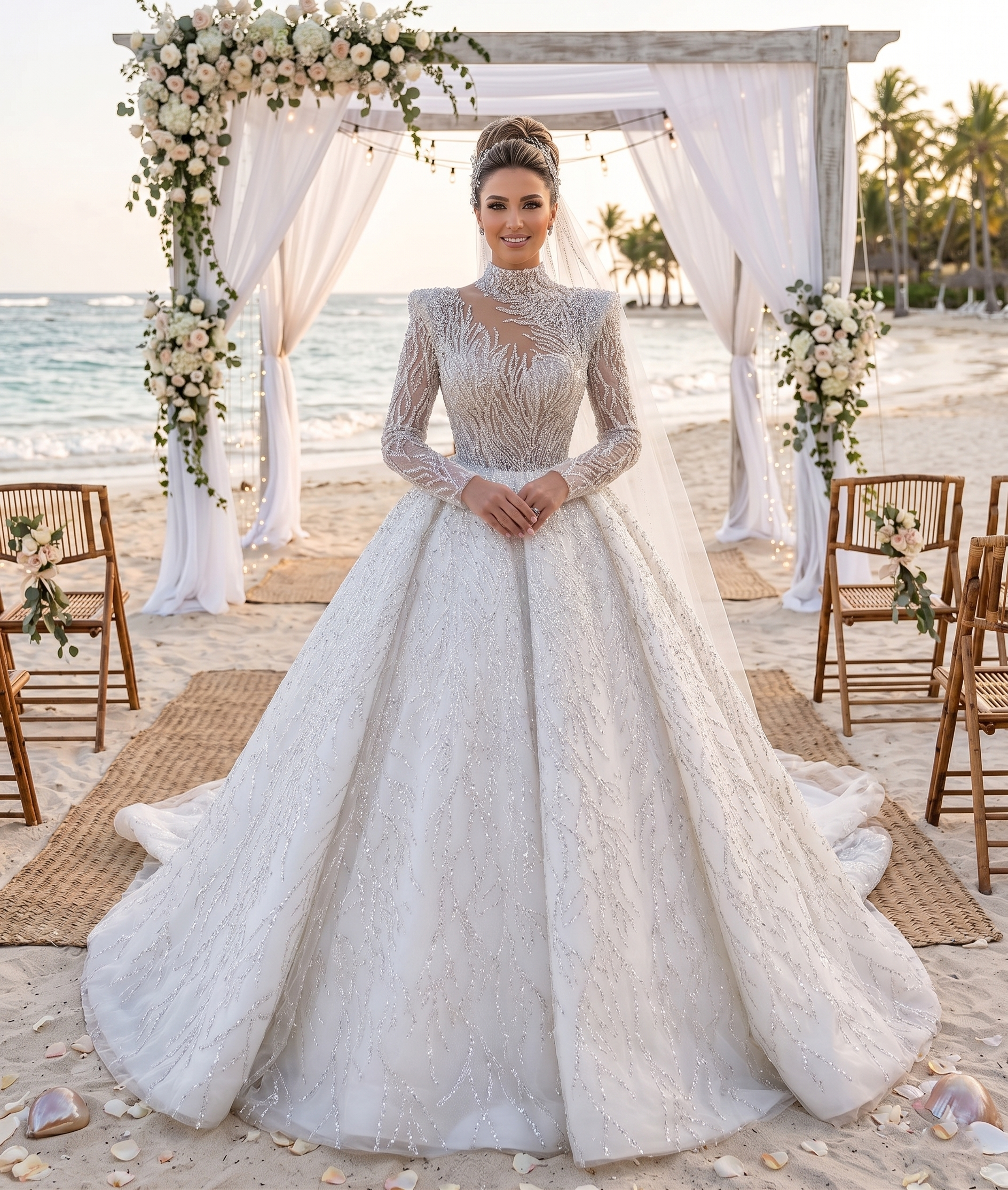 Full-length front view of a model wearing a luxurious high neck sequined wedding dress featuring sheer illusion long sleeves, intricate floral lace appliques, and a shimmering royal ball gown skirt.